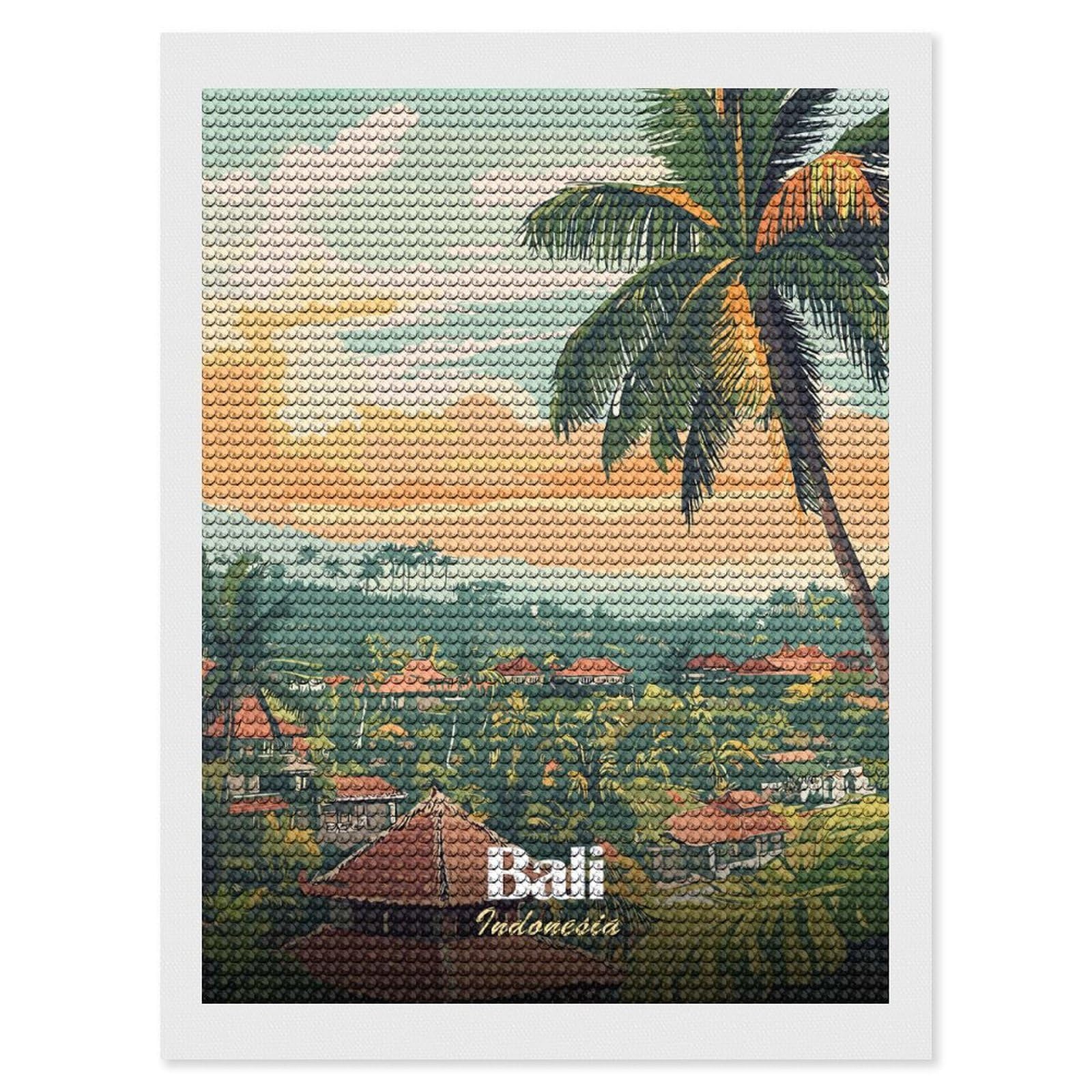 Junmoney Bali Indonesia Travel (3) 5D Diamond Painting Kit 12"x16", Relaxing DIY, Mindful Craft Project, Full Kit Included, Thoughtful Present