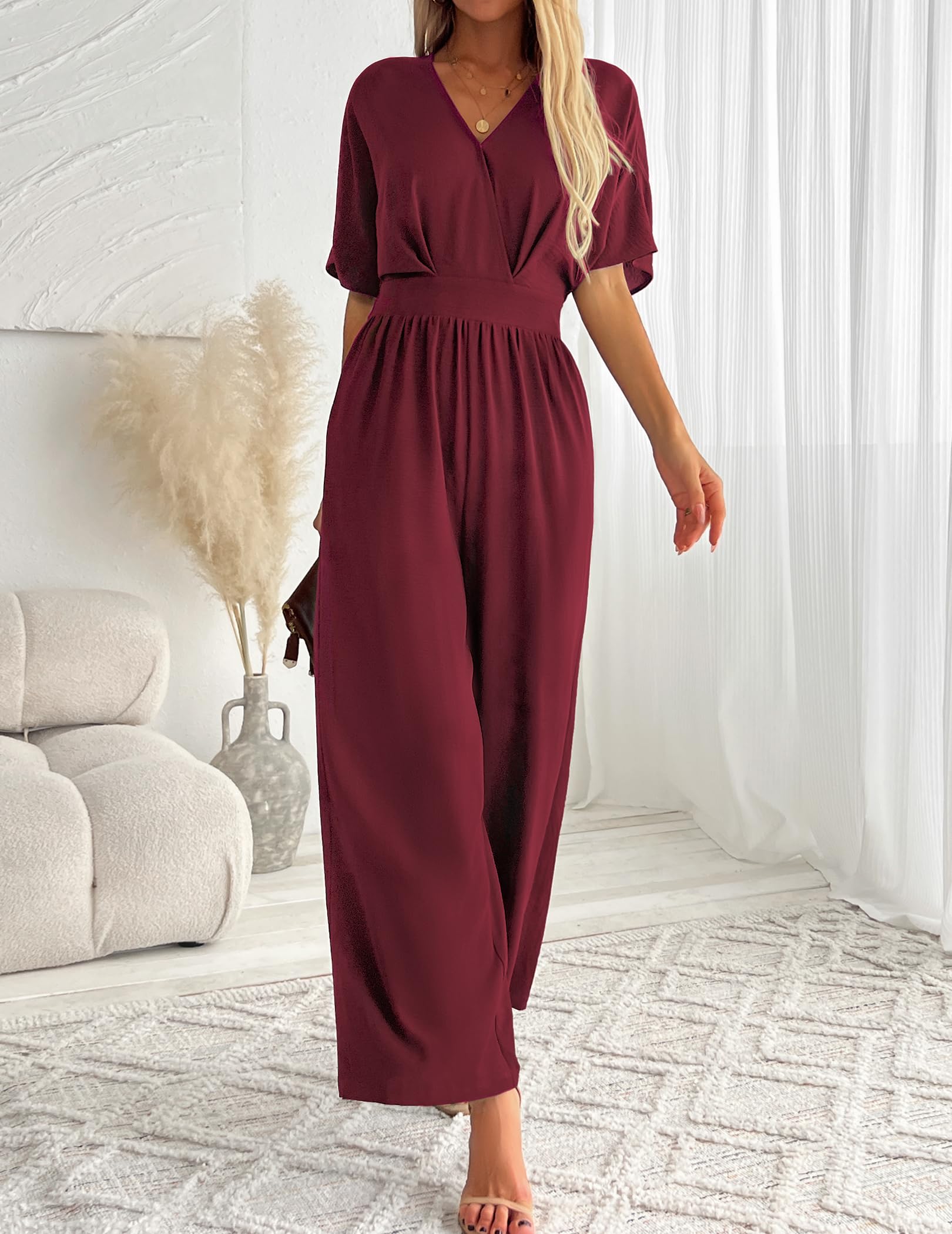 Women's One Piece Jumpsuits Dressy Casual V-Neck Batwing Short Sleeve Wide Leg Elegant Ladies Jumpsuit Rompers