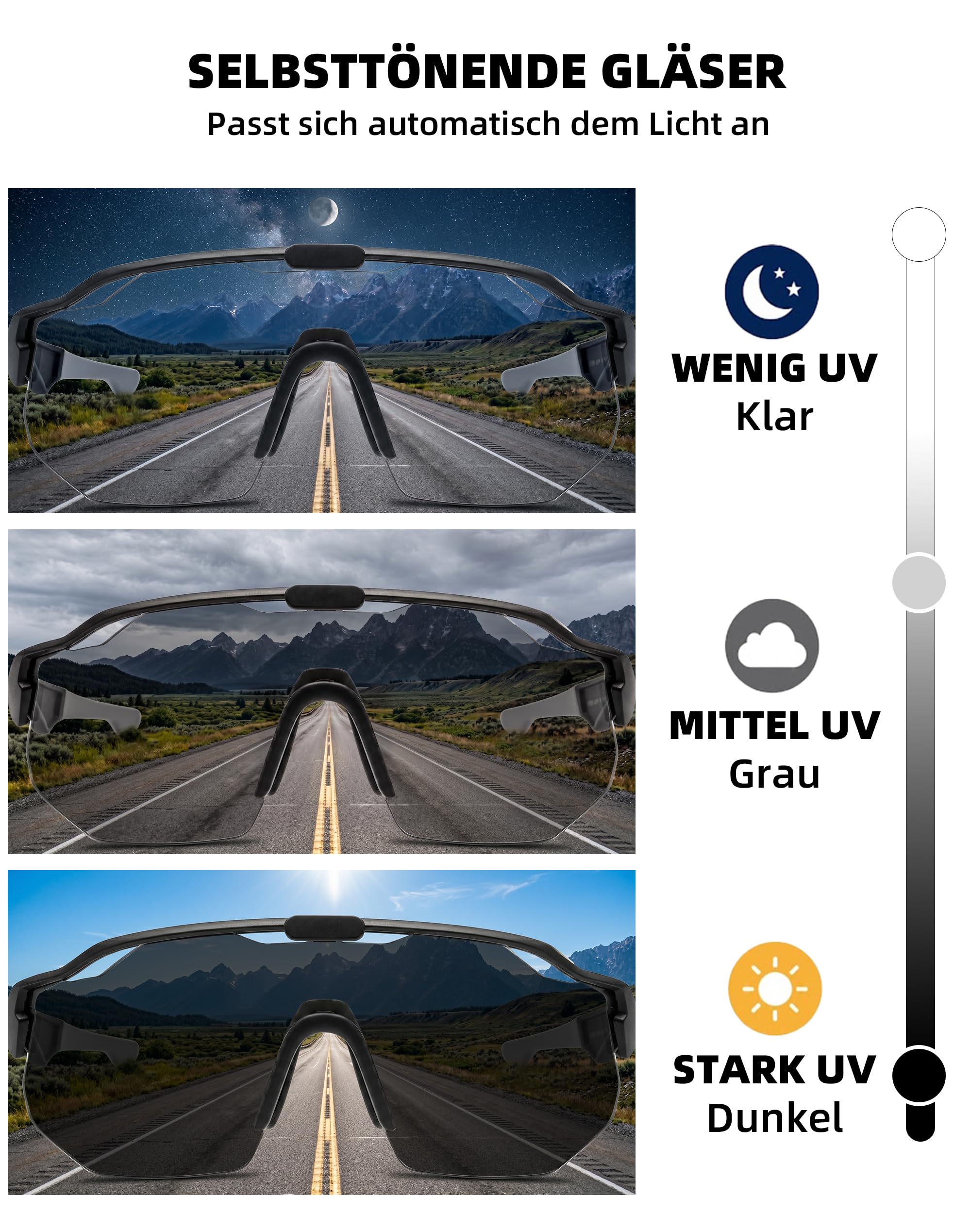Fahrradbrille Herren Damen Selbsttönend, Photochrome Laufbrille UV400 mit Verstellbarem Nasenpad, 27g Leichte TR90 Sportbrille Sonnenbrille Schnelle Brille für Fahrrad, MTB, Outdoor