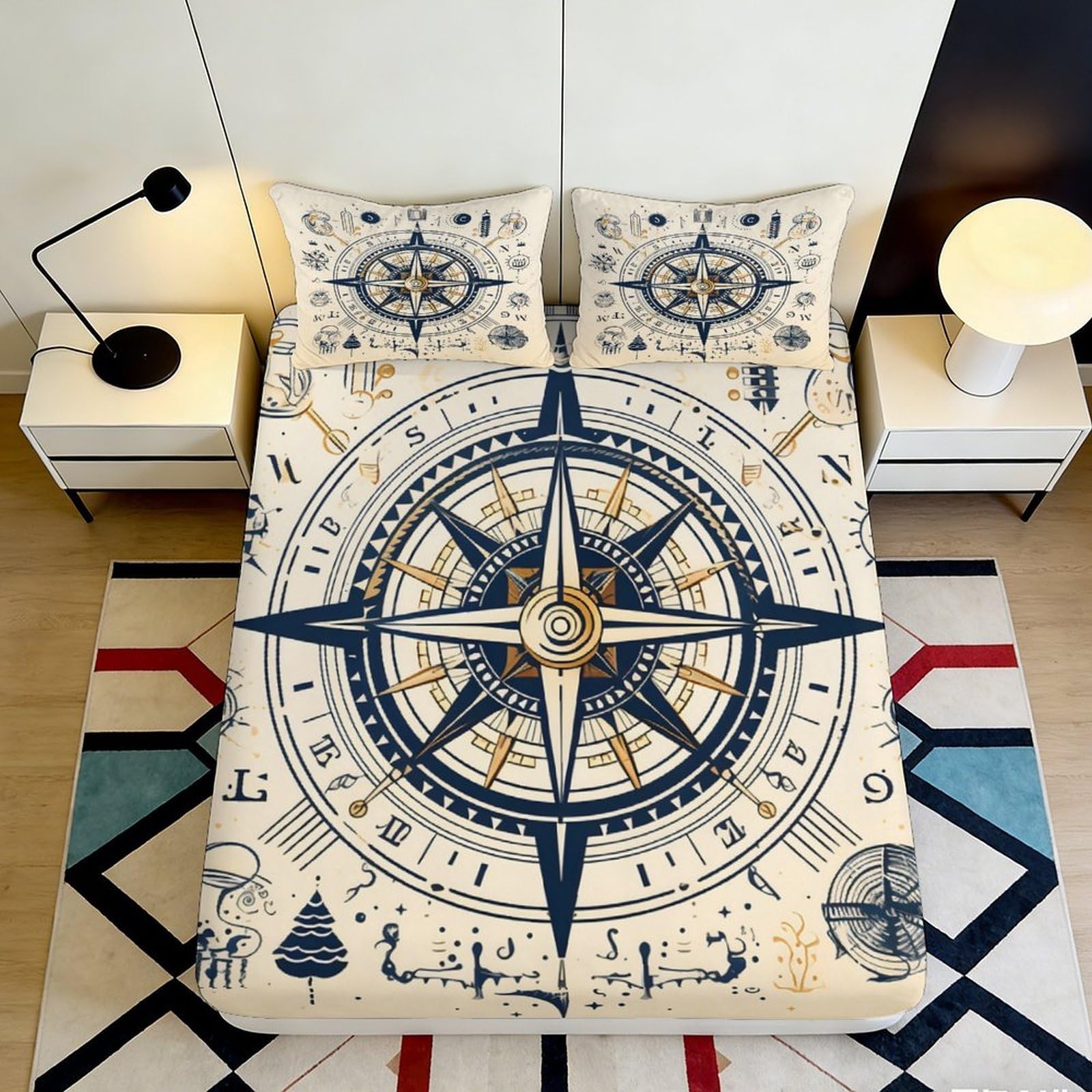 3D Printed Nautical Compass Fitted Sheet Microfiber Navy Vintage Map Mattress Cover for Bedroom Guest Room Decor 90x200x25cm
