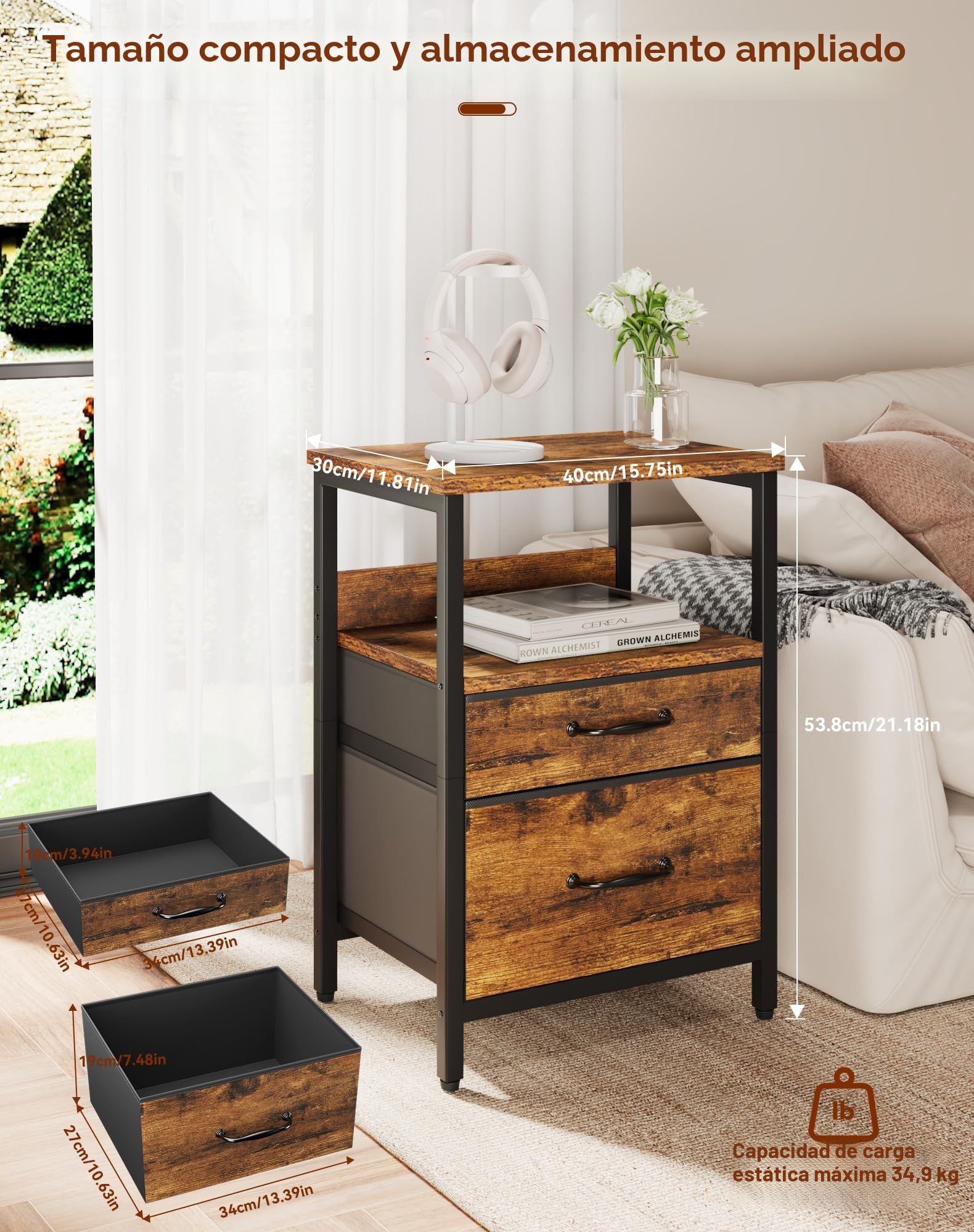 YMYNY Mesita de Noche, Mesa Auxiliar de Sofá, Mesilla de Noche con 2 Cajones de Tela, 2 Estante Abierto, Estilo Moderno, Mesa Pequeña de Centro, Mesa de Café, para Dormitorio, Salón, Marrón HST011H