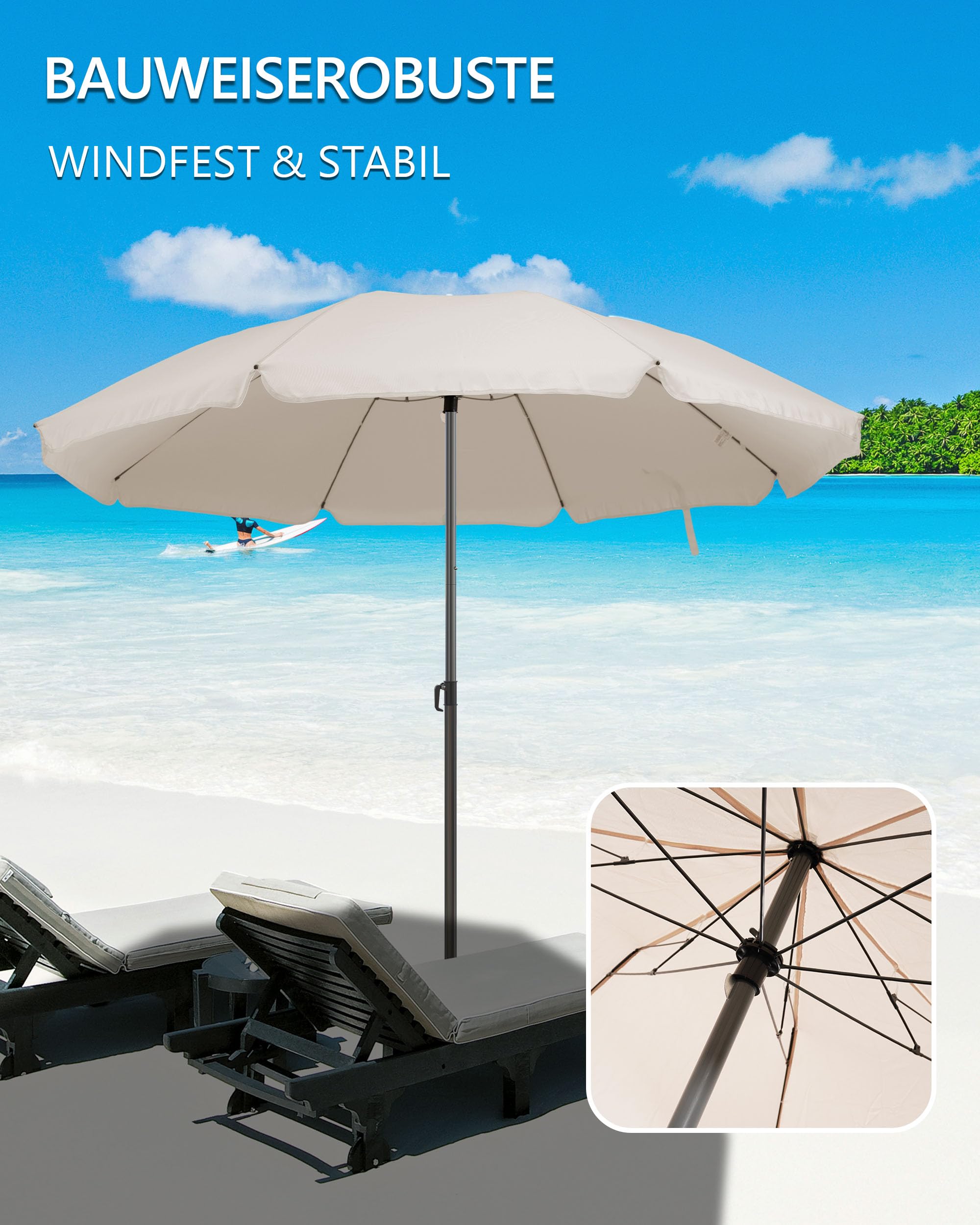Menz Sonnenschirm Strand Ø 160 cm - Funktioneller Reise Sonnenschirm UPF 50+ für Koffer - Praktischer Strandschirm klein faltbar, kompakter Strandschirm koffertauglich