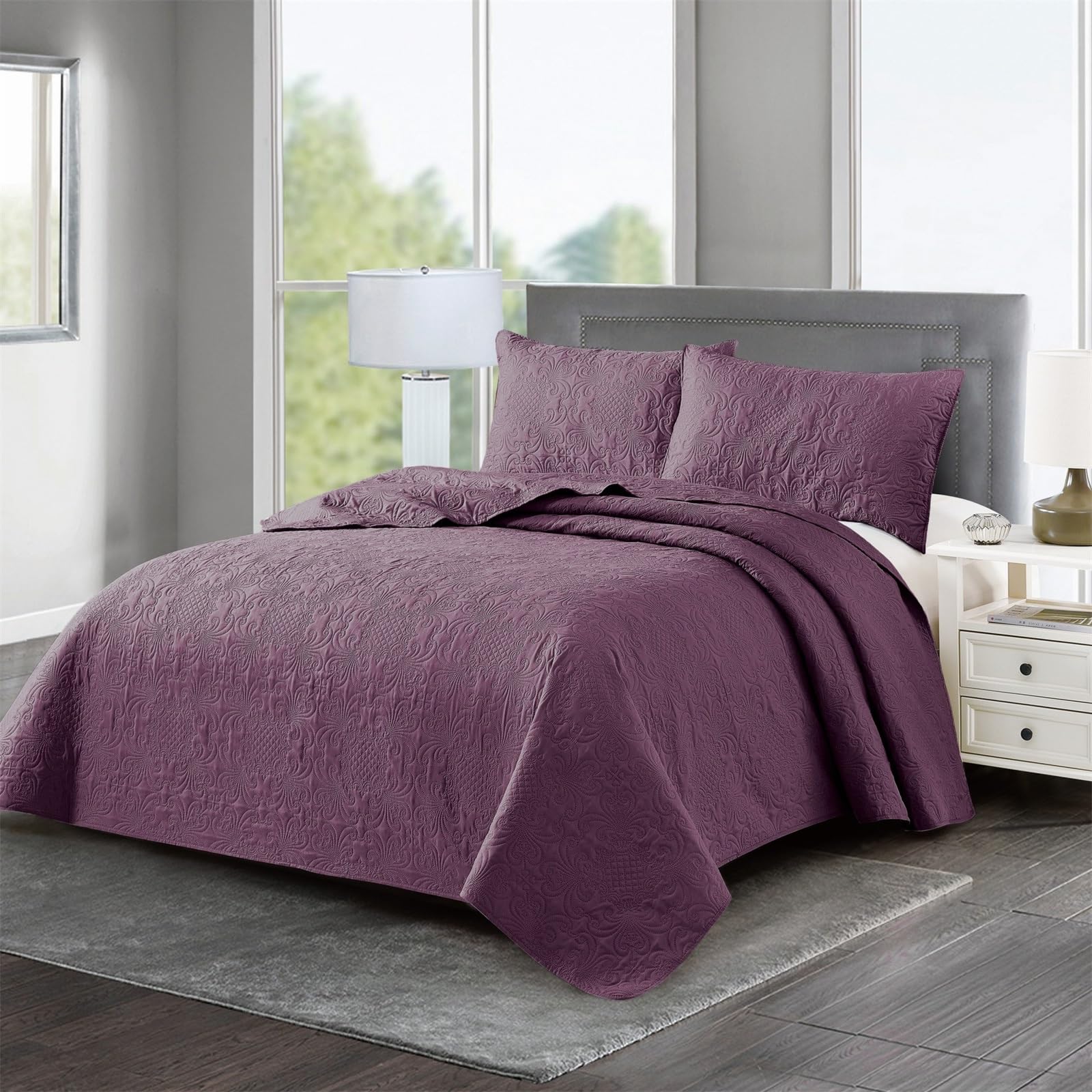 Bqujsml Purple Quilted Bedspread Throw-King With Pillow Shams Reversible Embossed Double Throws Coverlet Soft Lightweight Quilt Bedspread Machine Washable For Bedding Decor(,240 * 260Cm)