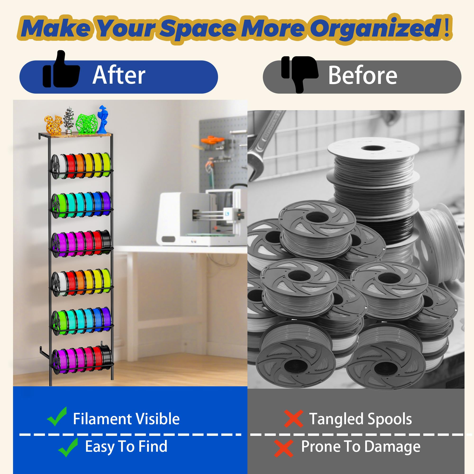Soporte de pared para almacenamiento de filamentos de impresora 3D, soporte de carrete de filamento de 6 niveles con tablero de madera superior, soporte organizador de filamentos de metal