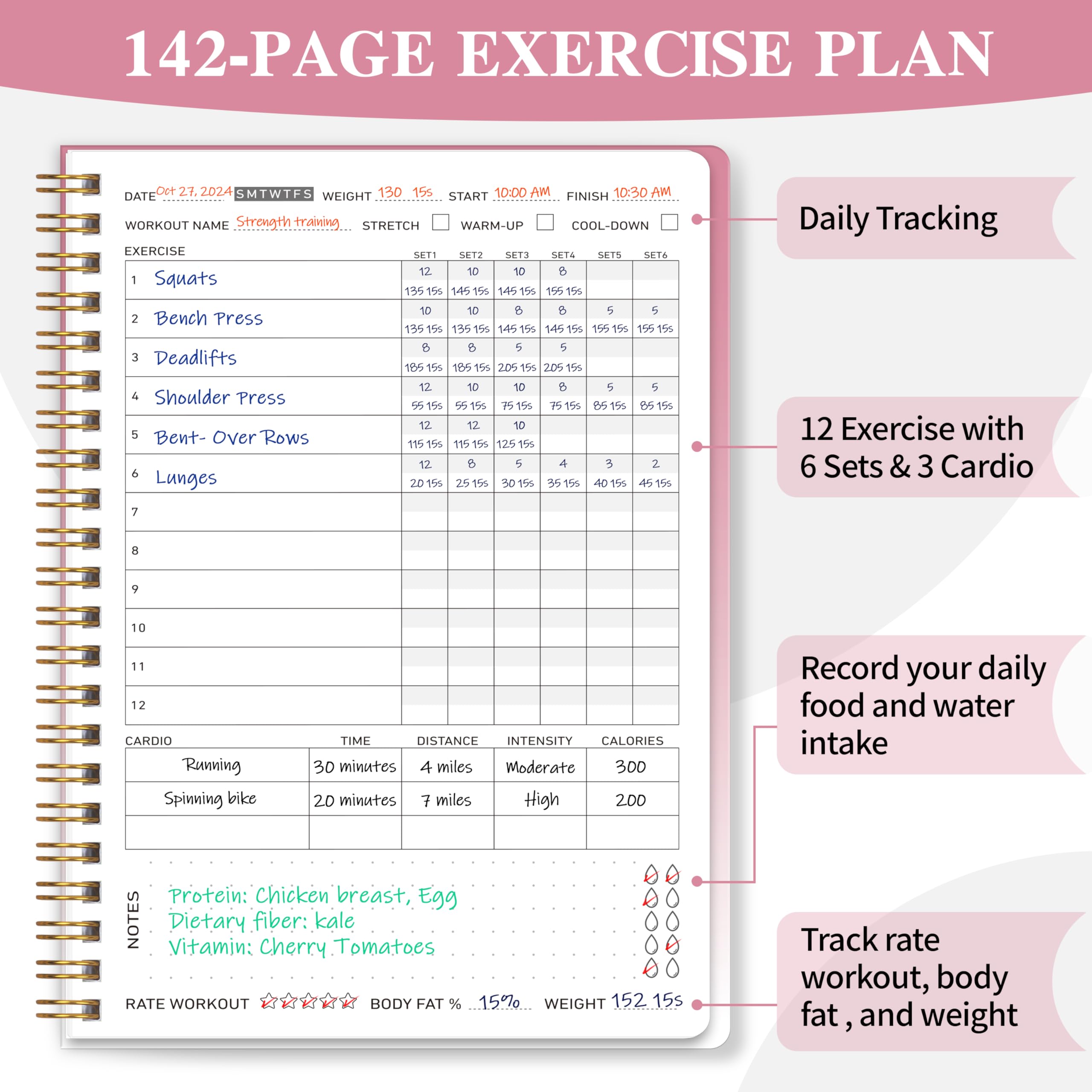 DOURA Workout Journal for Women, Fitness Journal, Workout Log Planner for Tracking, Progress and Achieving Your Wellness Goals-Pink Gradient, A5 (5.6