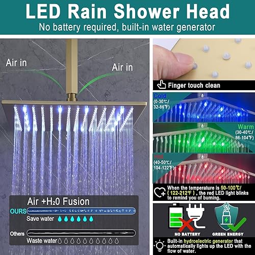 Miniatura 38 de Enga Sistema de chorros de ducha termostáticos (puede utilizar todas las funciones a la vez), cabezal de ducha LED de lluvia de 12 pulgadas montado