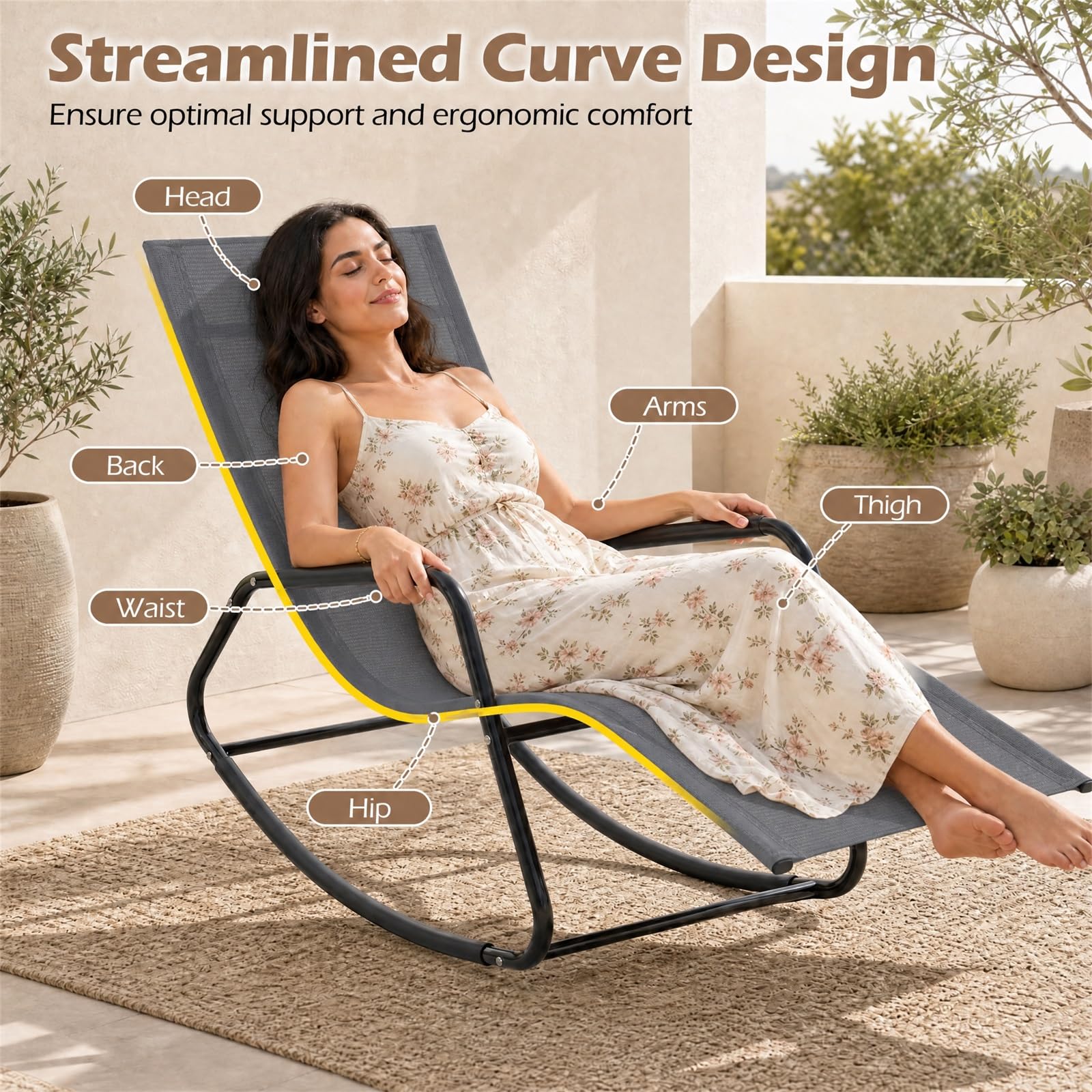 GOPLUS Chaise Longue à Bascule Métallique avec Tissu Respirant (Gris)