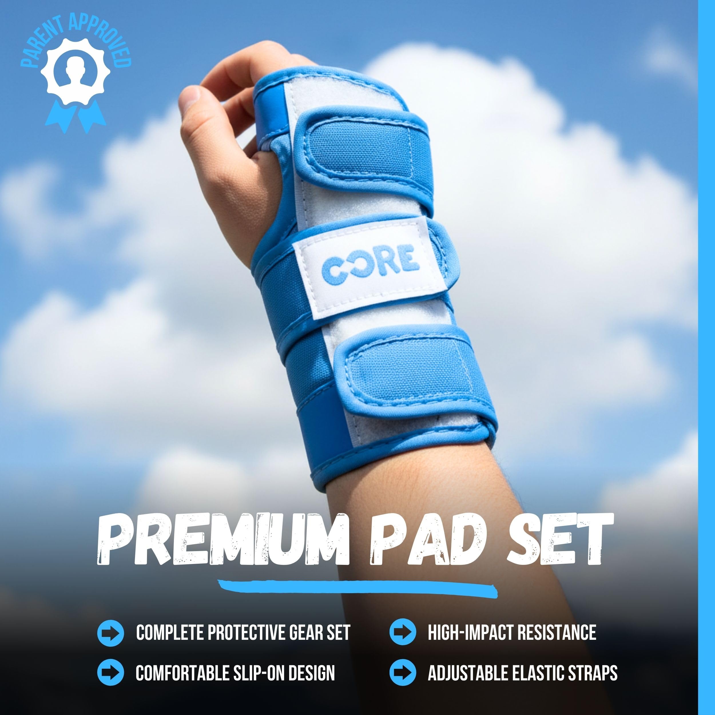 Core Junior Triple Pad Set Knee Pads Elbow Pads Wrist Guards 6 in 1 Protective Gear Set for Kids Youth Adult for Skateboarding Scooter Cycling BMX Skating Skate