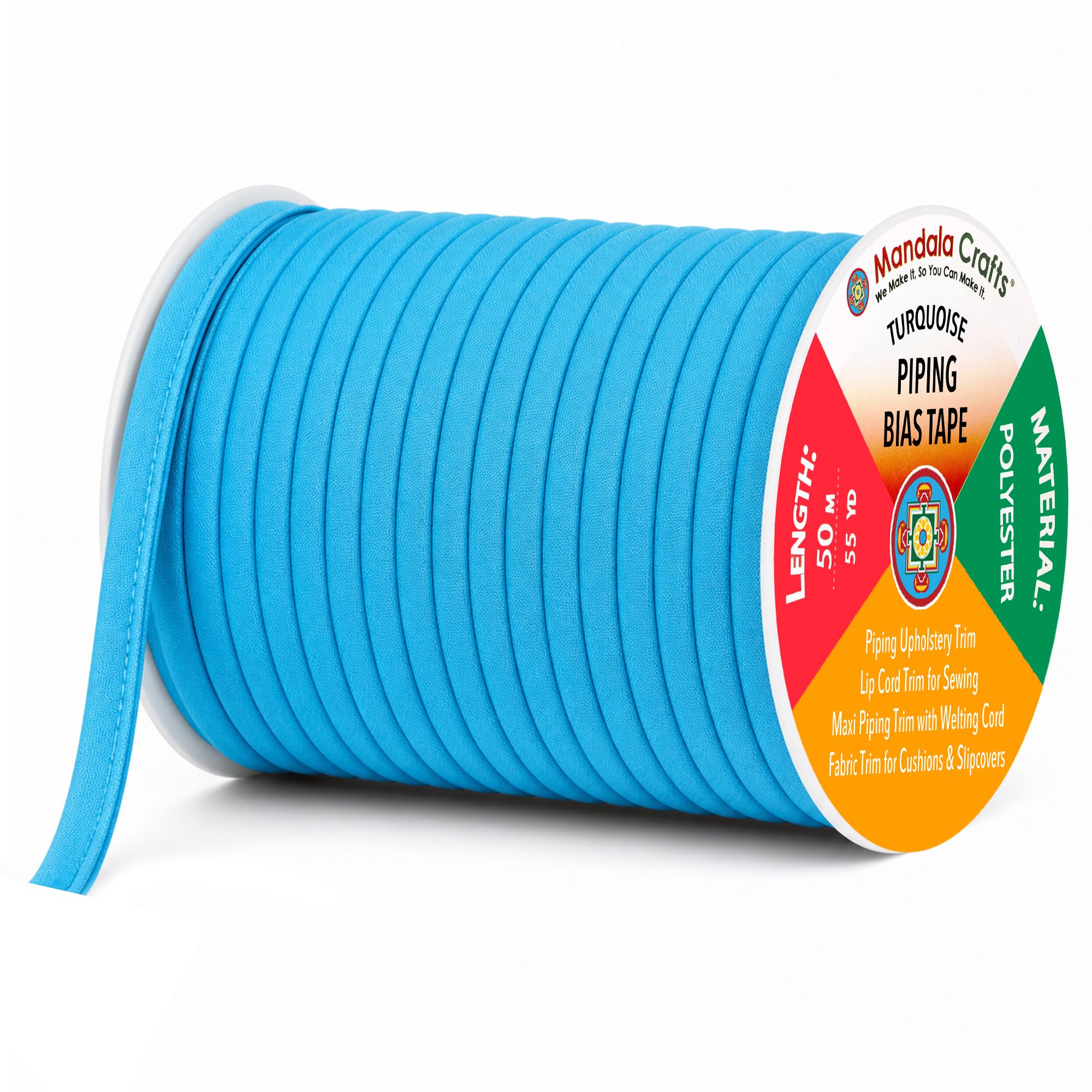 Mandala Crafts Turquoise Maxi Piping Bias Tape with Welting Cord - 1/2 Inch Upholstery Piping Trim for Sewing, Cushions, Slipcovers, and DIY Decor - 55 Yards Lip Cord Trim