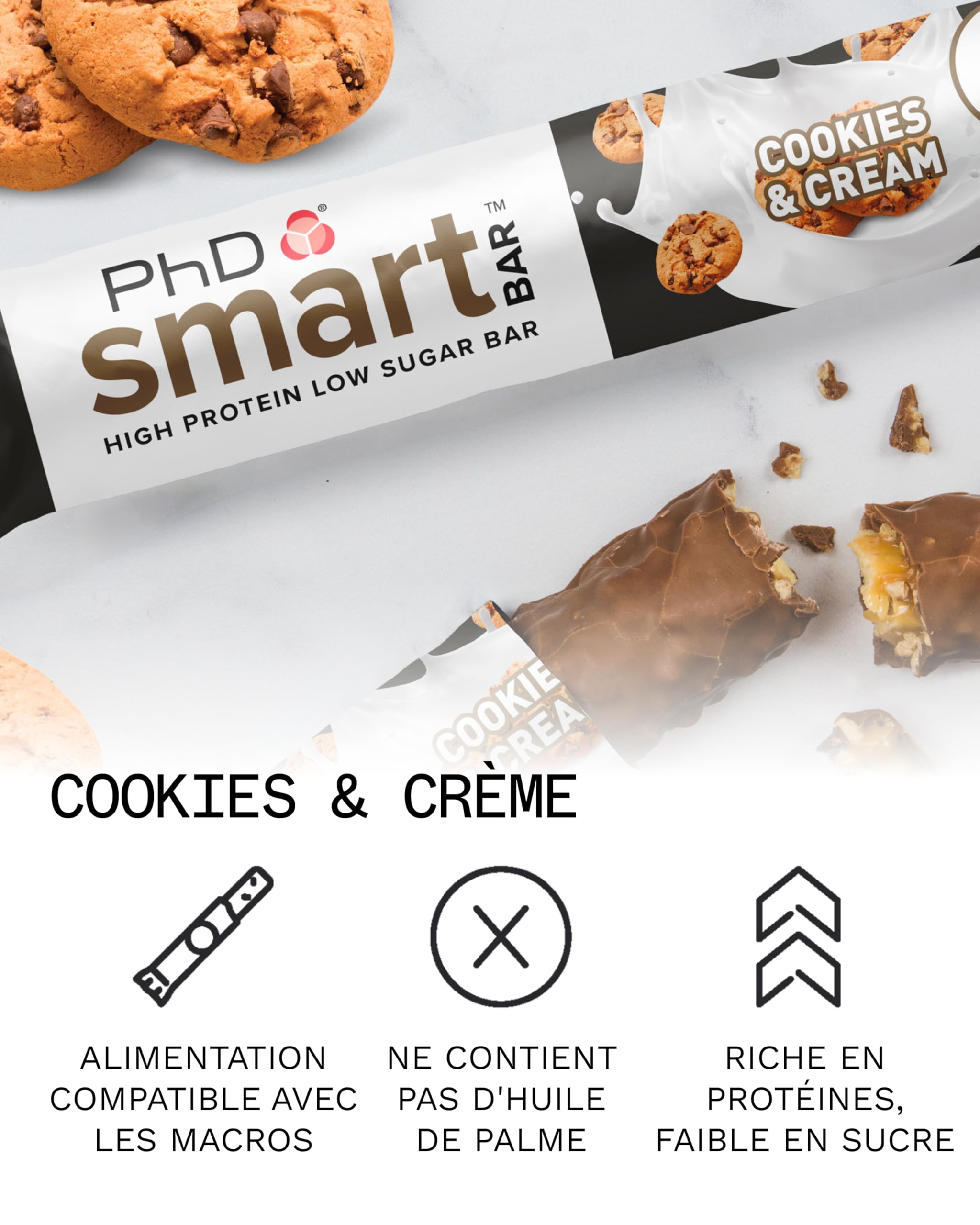 PhD Nutrition Smart Bar Barre Protéinée 12 x 64g Cookies & Cream - Encass protéinée riche jusqu’à 22g de protéines et peu de sucre, barre adaptée aux macros