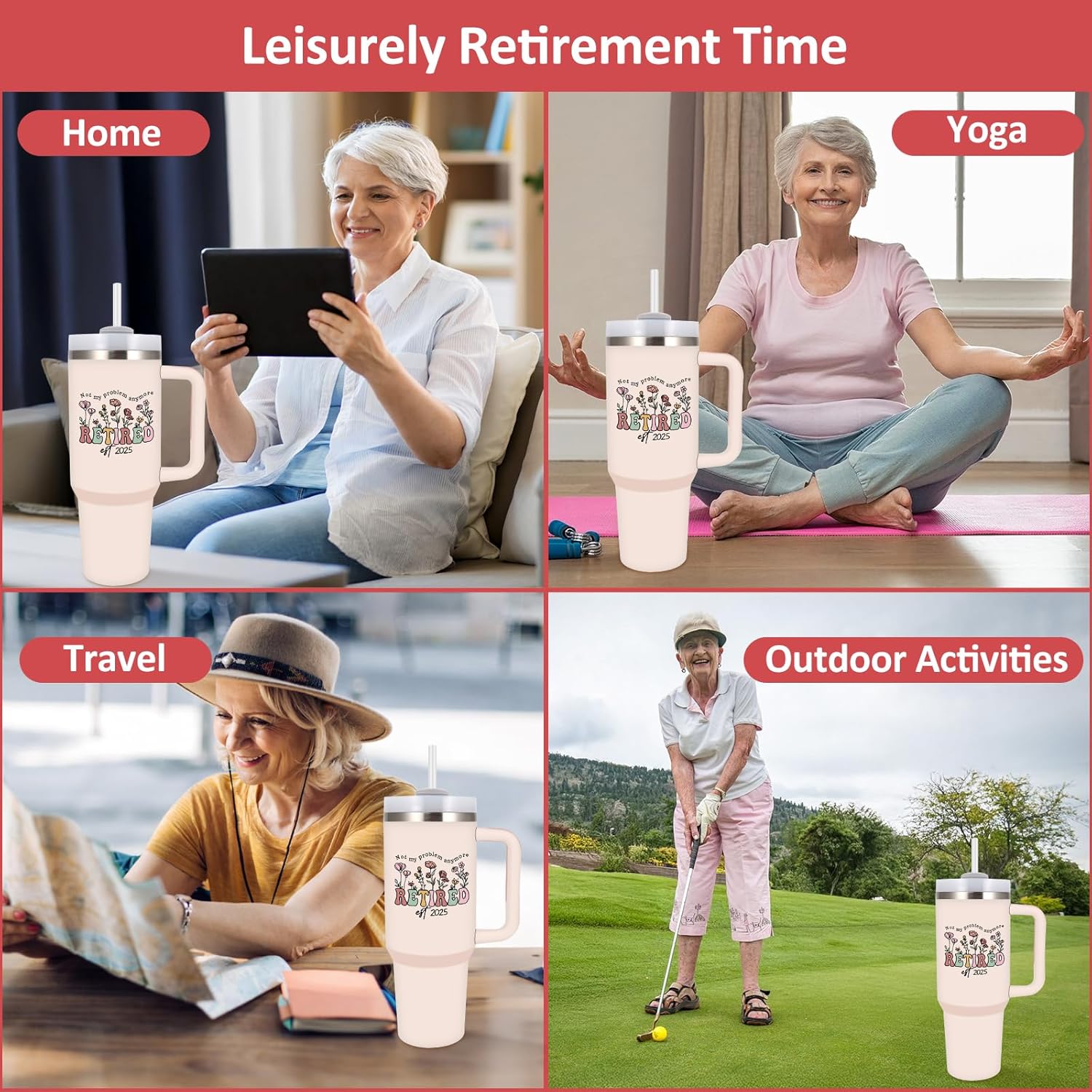 Retired EST 2025 Tumbler with Handle and Straw, 40oz Retirement Travel Mug Cup for Coworkers Colleague Boss, Happy Retirement Gifts for Women Teacher Nurse, Retirees Stainless Steel Tumbler Farewell - Image 4