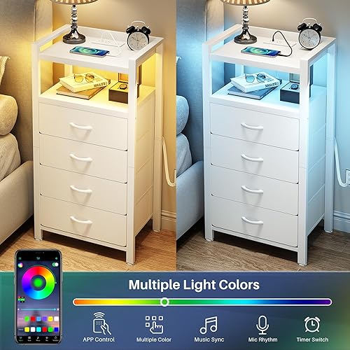 Miniatura 5 de Kitstorack Mesita de noche blanca con estación de carga y luz LED, cómoda estrecha y alta con 4 cajones de tela, cómoda pequeña con estantes para