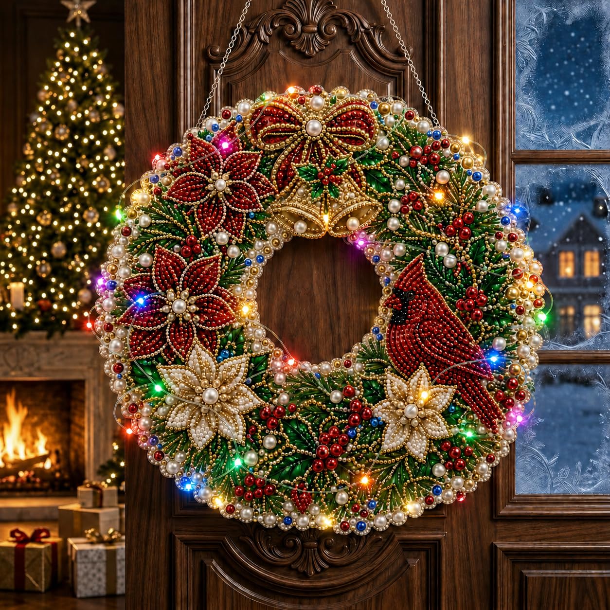 Christmas Diamond Art Wreath With LED,Pearl Diamond Painting Pendant 25cm