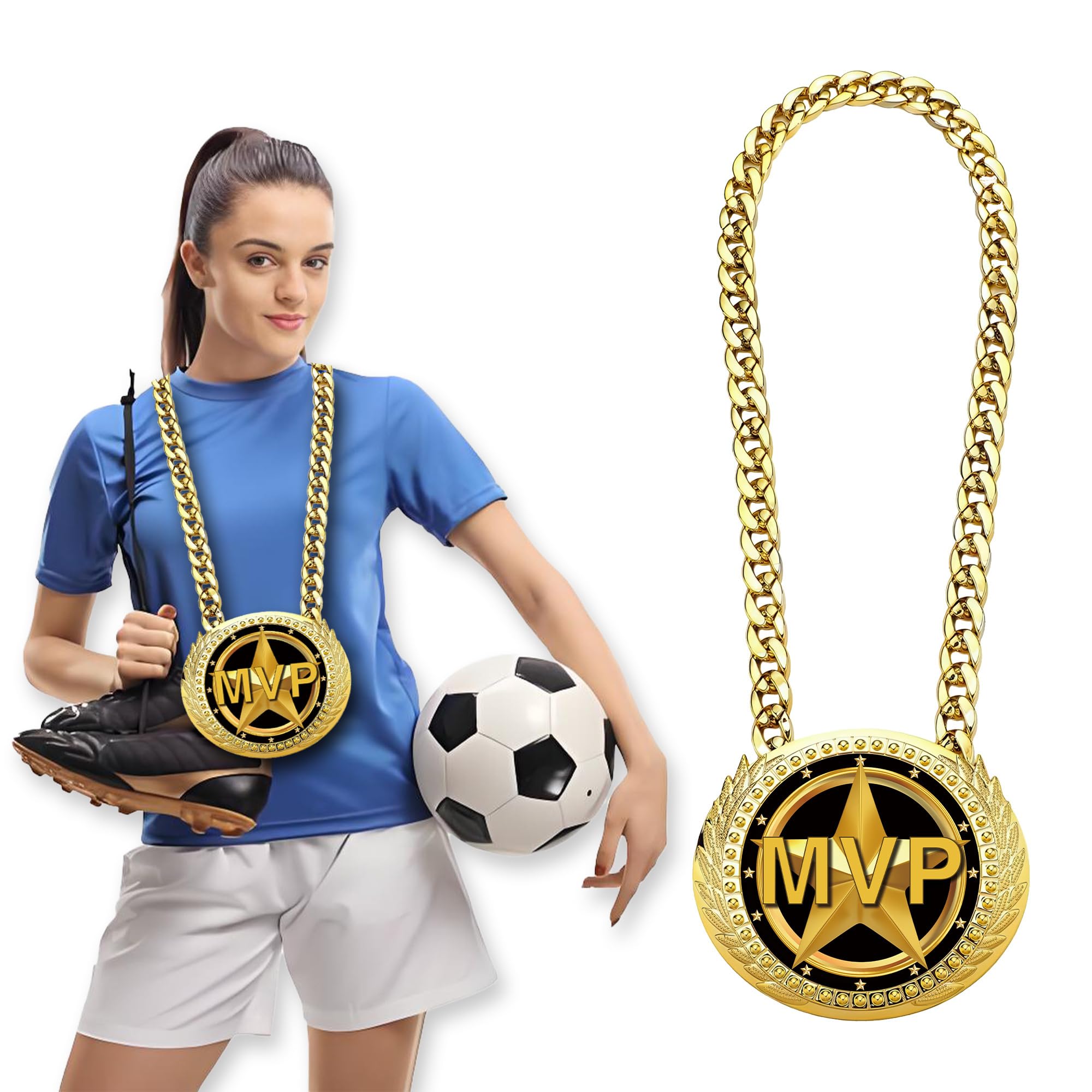 Greatest of All Time Turnover Chain - 6" Big Gold Awards Medal Goat Trophy Champion Chain Football Necklace Basketball Soccer Sports Achievements MVP Turnover Chain Athlete Prize Gifts