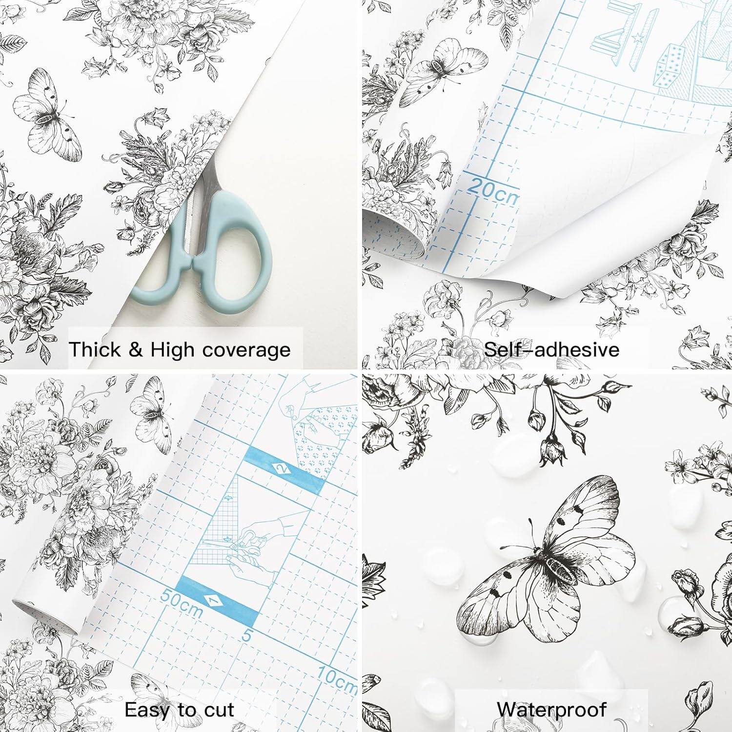 17.7In X 394In Shelf Liner Self Adhesive Drawer Liner for Kitchen Bedroom Cabinets Dresser Floral and Butterfly Waterproof Vinyl Rolls