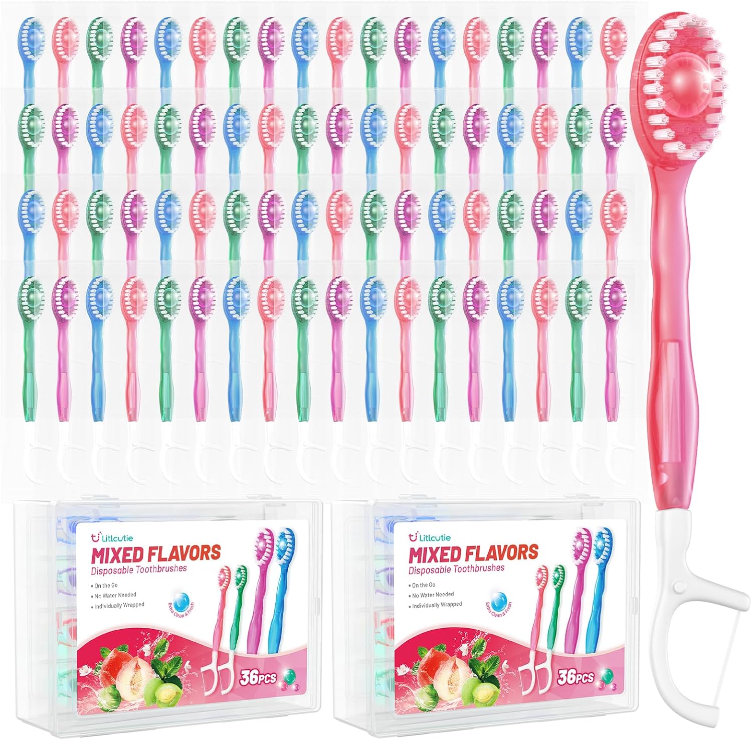 72 Pack 5-in-1 Disposable Toothbrushes with Toothpaste, Floss, Pick & Tongue Scraper, Portable Mini Toothbrush Travel Set for Kids Adults, Individually Wrapped, Work Camping, Mixed Flavor