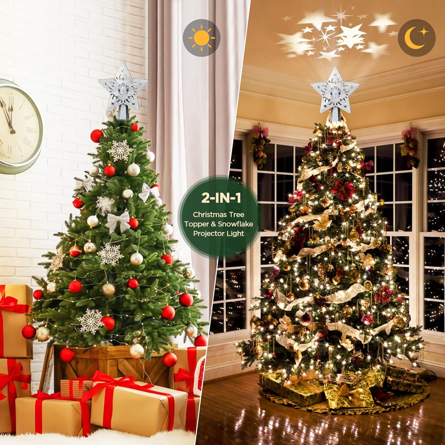 joybest Christmas Tree Topper Lighted with Rotating Star Projector Lights, Silver Christmas Star Tree Topper, Xmas Holiday Party Indoor Decoration