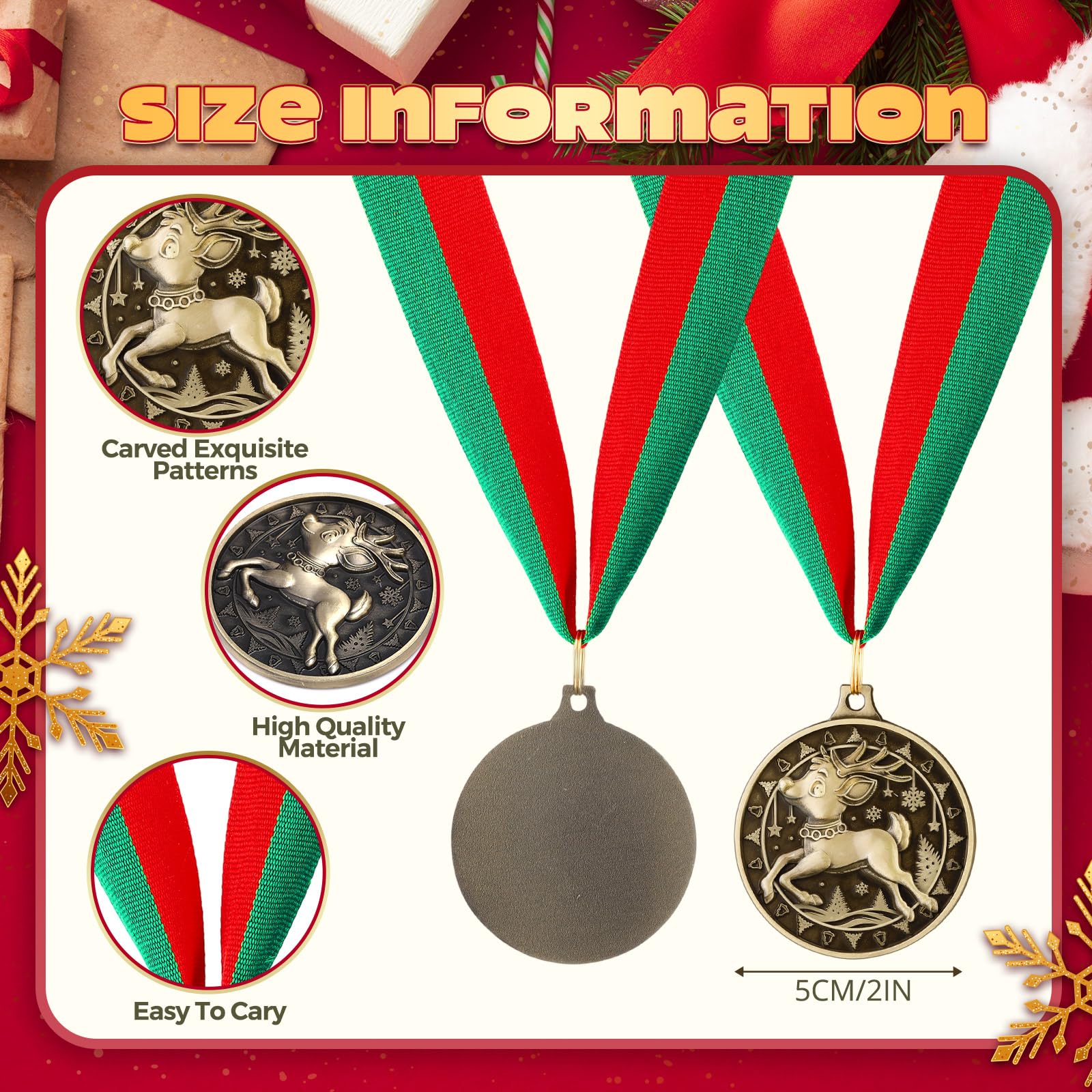 Huquary Weihnachts-Rentier-Medaillen, 5,1 cm, goldfarben, mit Halsband, für Weihnachten, Party, Ornament, Geschenkpreis, 48 Stück