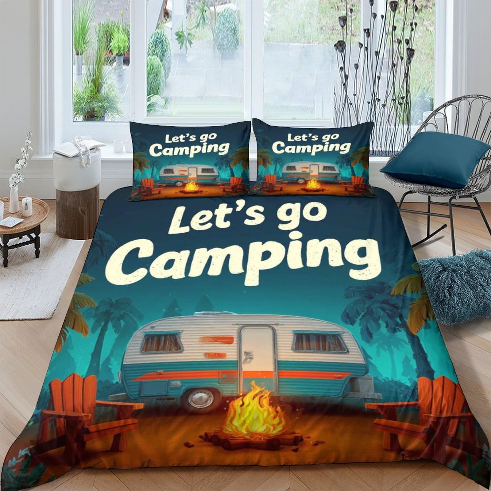 GPLZQXKJNH 3D Printed Camping Night Duvet Cover Microfiber Soft Breathable Forest Camper Bedding Set with 2 Pillowcases for Bedroom Home Single（135x200cm）