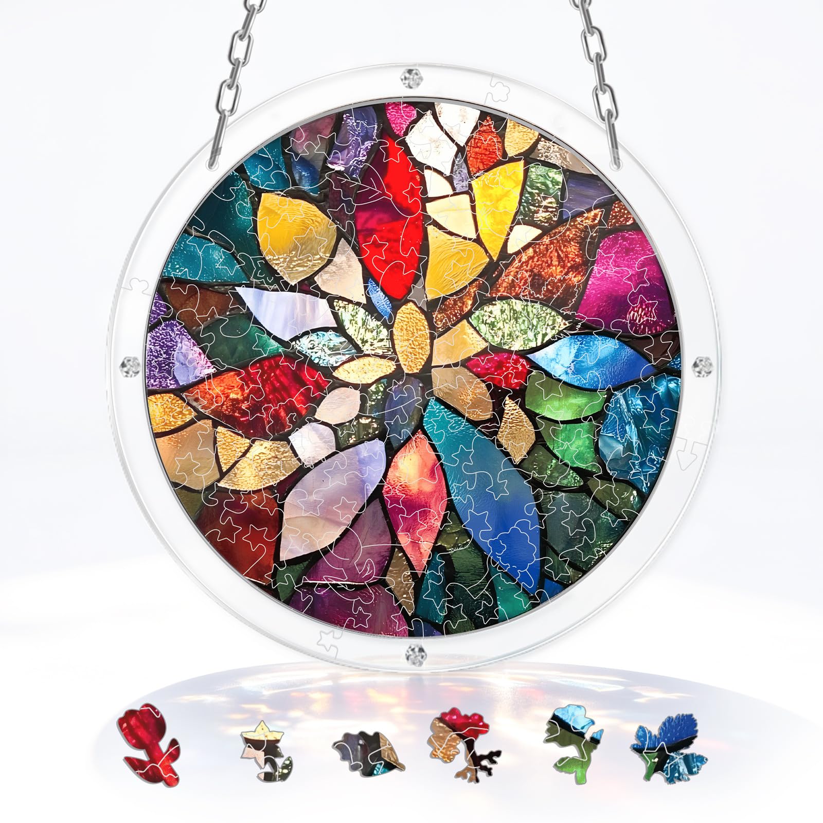 Round Colorful Floral Stained Glass Acrylic Irregular Jigsaw Suncatcher 82Pcs Window Hanging DIY Craft Decor Gift