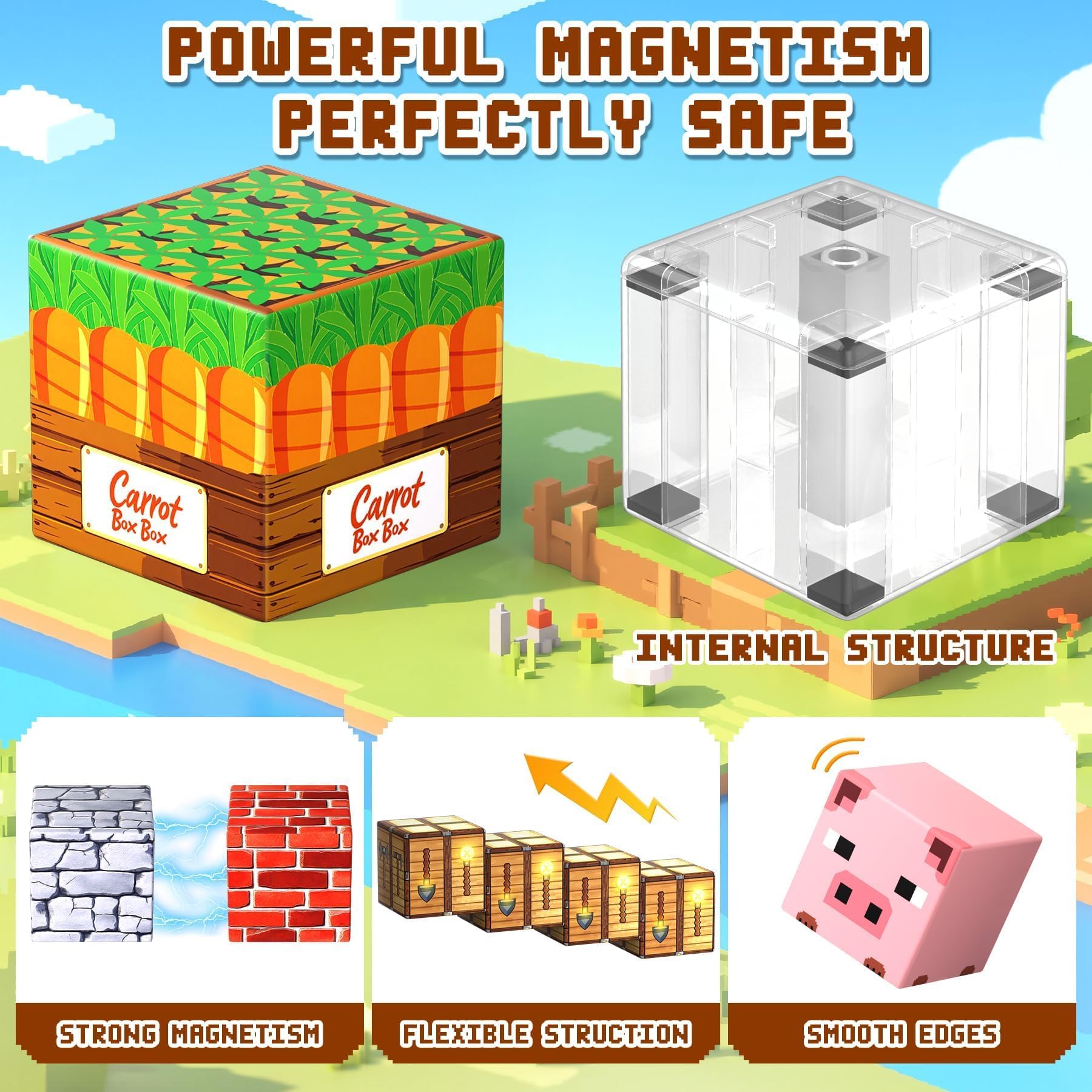Pourbibi Magnetische Bausteine, Magnetbausteine Reiseset Magnetspielzeug,108 Teile Magnetische Bauwelt Spielzeug Magnetblöcke für Kinder ab 3 4 5 6 7 8 9 10 Jahre,Baue Mine Magnet Welt,Professioneller