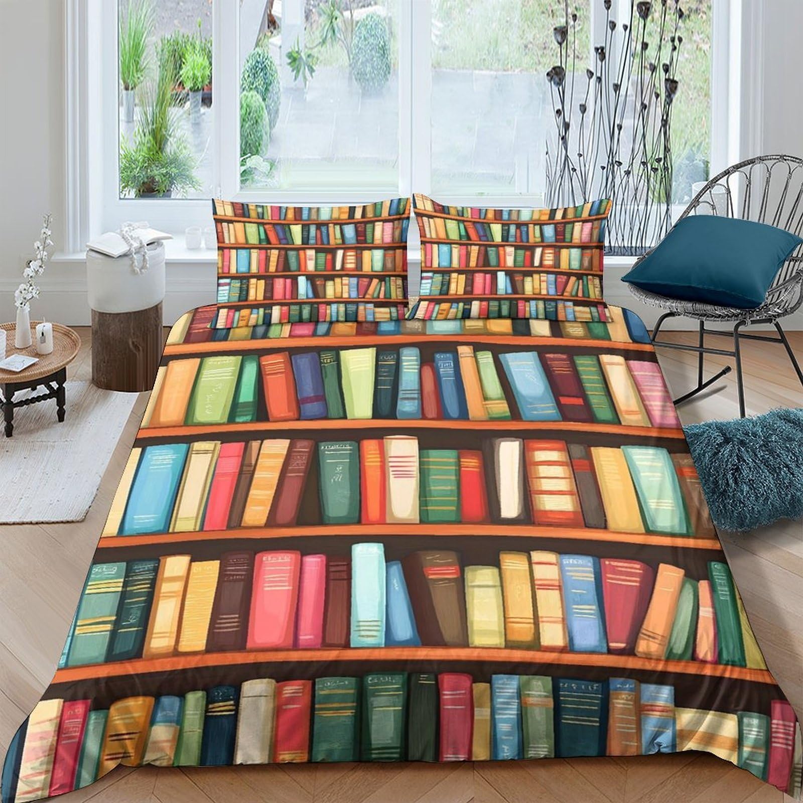 Ctjqhvkz Style-1 3D Printed Bookshelf Fitted Sheet Microfiber Colourful Library Bed Cover For Bedroom Guest Room Decor Protection Single（135X200cm）