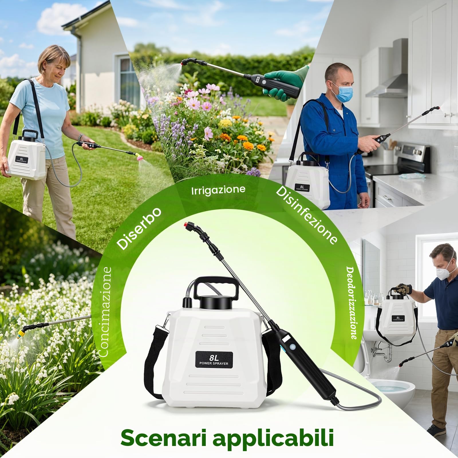 Irrigatore Elettrico a Batteria 8L, Spruzzatore da Giardino USB-C, 3 Ugelli, Lancia Estraibile, Cintura a Spalla, per Irrigazione e Diserbo
