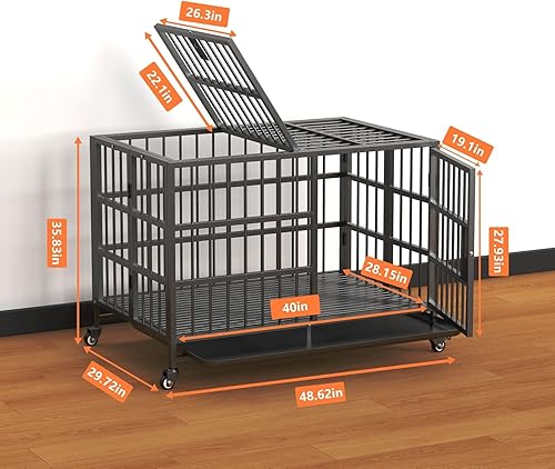 Miniatura 4 de Jaula resistente para perros con ruedas, jaulas plegables para perros grandes de 48 pulgadas, extra grande, de acero resistente, jaula grande para