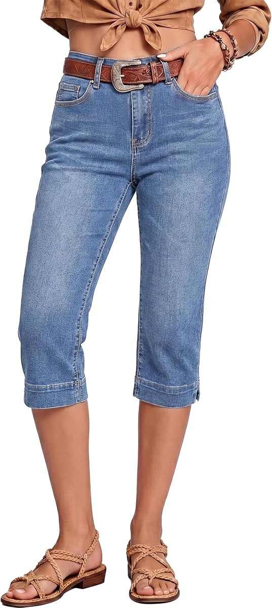 luvamia Capri Jeans for Women Trendy High Waisted Slim Split Hem Stretch Denim Jean Capris Cropped Pants Casual Summer