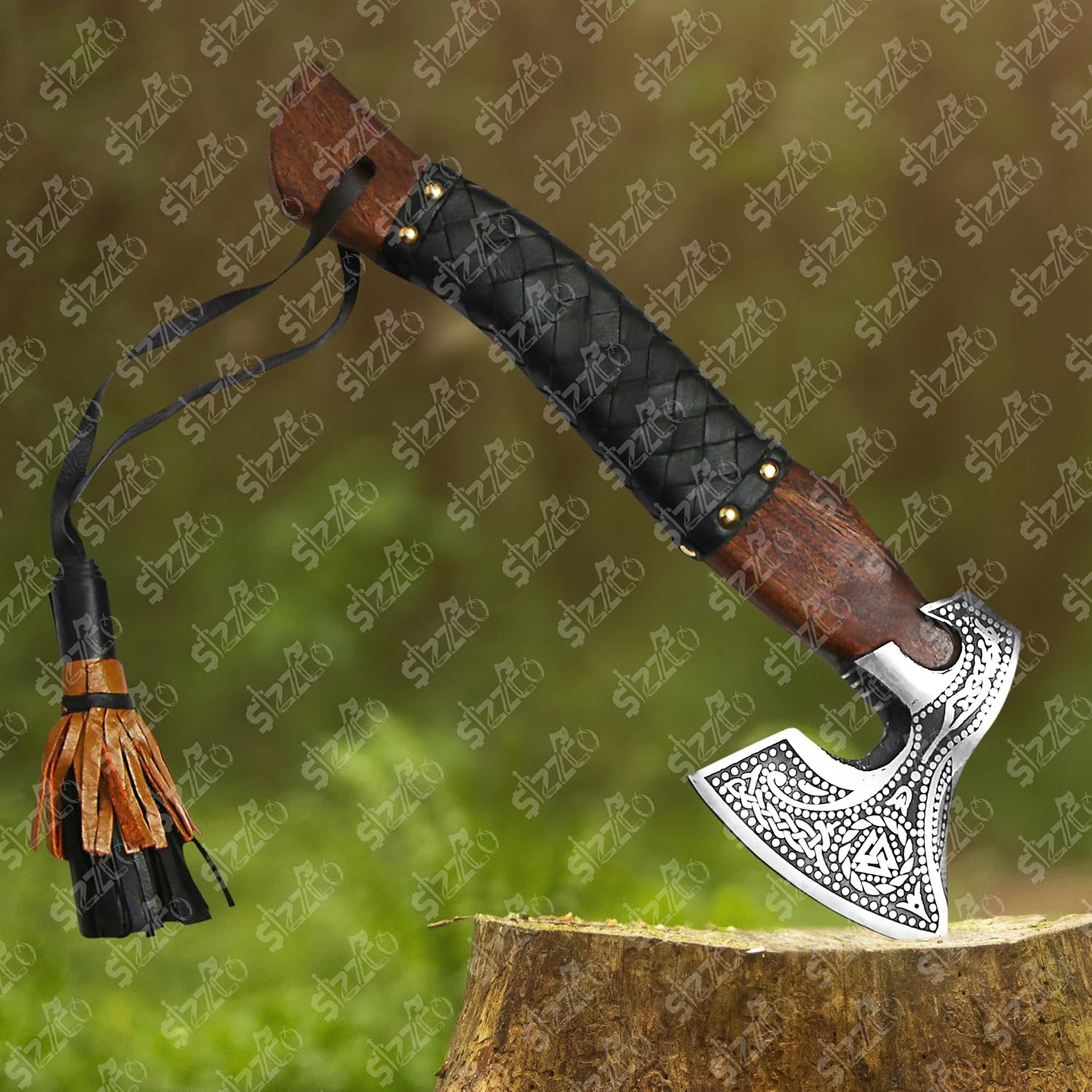 Russian Valknut Wood Viking Style Bearded Axe Tomahawk - Real Hatchet, Best Gift for Anniversary, Valentine's Day, Birthday, Premium Leather Sheath with Leather Wrap Handle Perfect Hand Grip