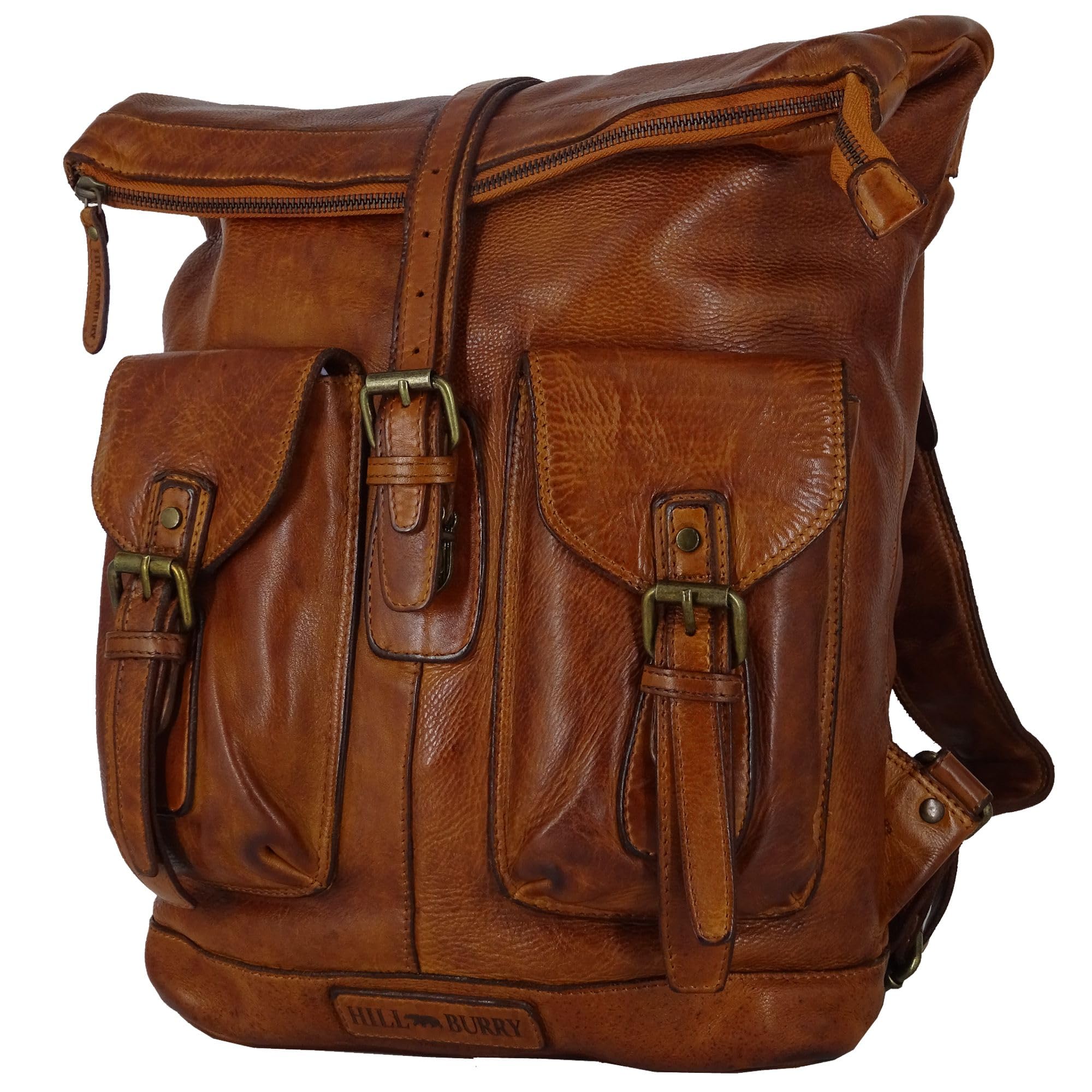 Vintage Rucksack, Lederrucksack, XL aus Leder, Fahrradrucksack mit Laptopfach für Damen und Herren - Braun, Hill Burry
