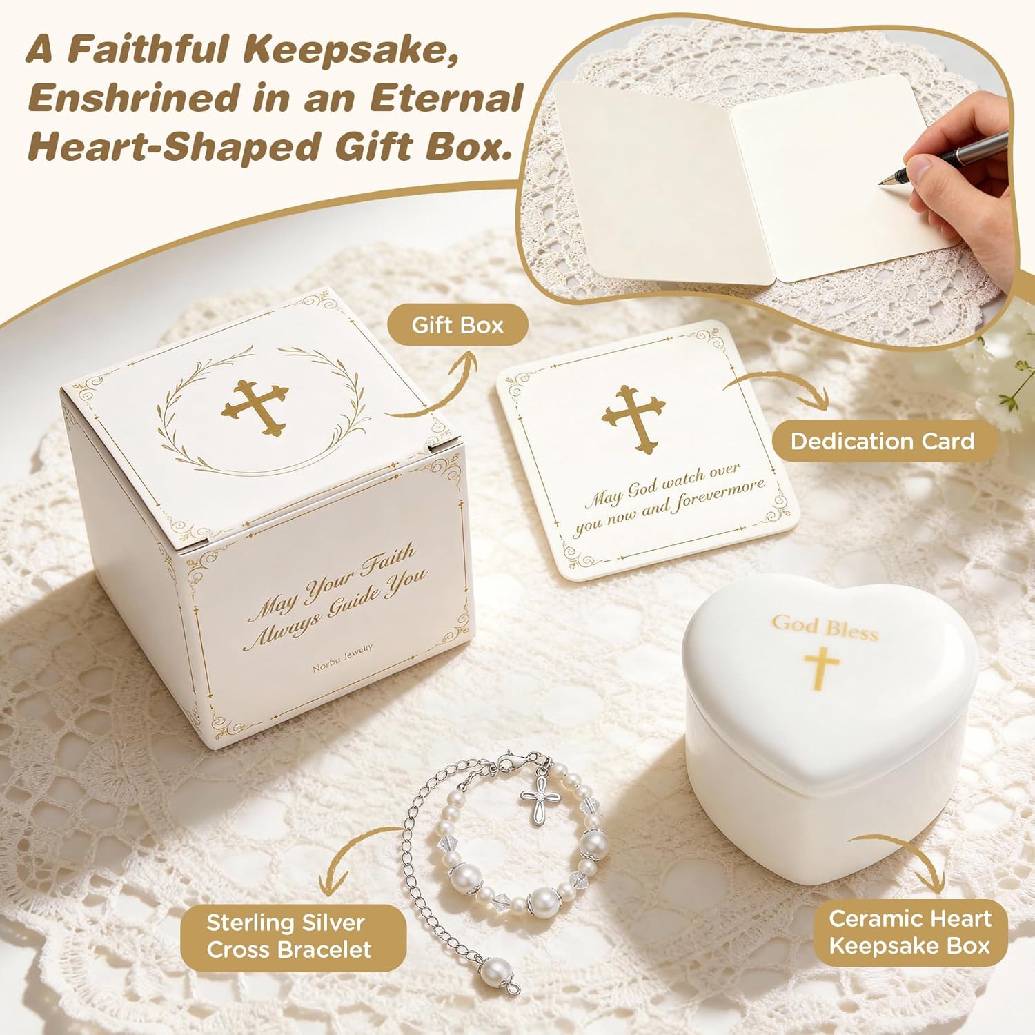 NORBU S925 Cross Bracelet for Girls, Sterling Silver Baby Baptism Cross Pearl Bracelet with Keepsake Box, Baptism Gifts for Girls, First Communion Baby Dedication Gifts for Newborn Catholic Easter Christening Gift