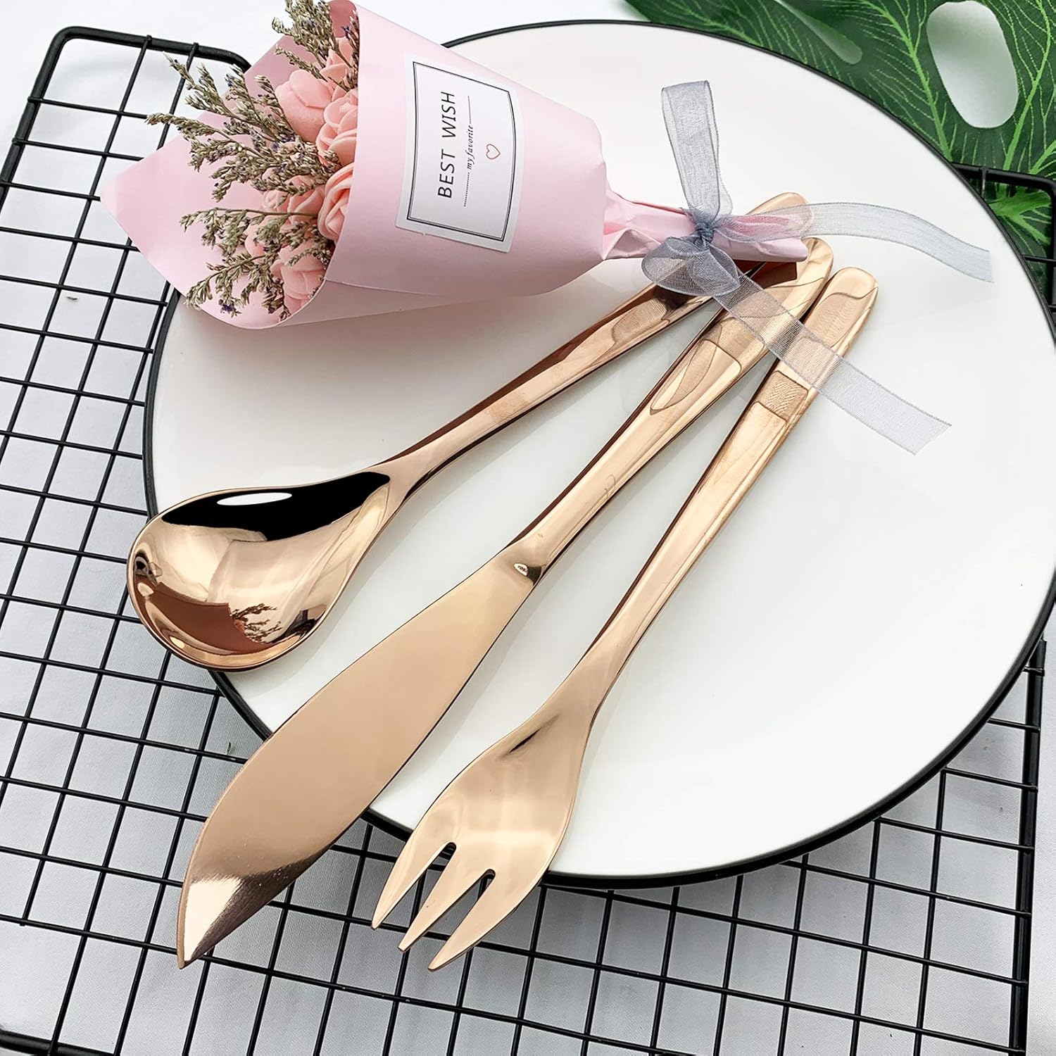 JASHII Japanese-style Stainless Steel Flatware Service for 6, Modern Sleek Design Utensils Cutlery Including Knife 24-Piece Silverware Set - Shiny Rose