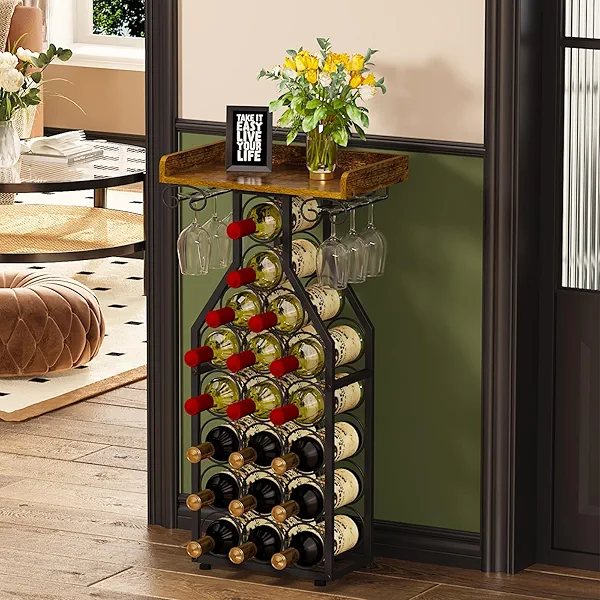 X-cosrack Wine Rack Freestanding Floor, Wine Storage Rack Mini Bar Table with Tabletop, Glass Holder Wine Bottle Display Stand Liquor Cabinet for Home Bar Kitchen Living Room