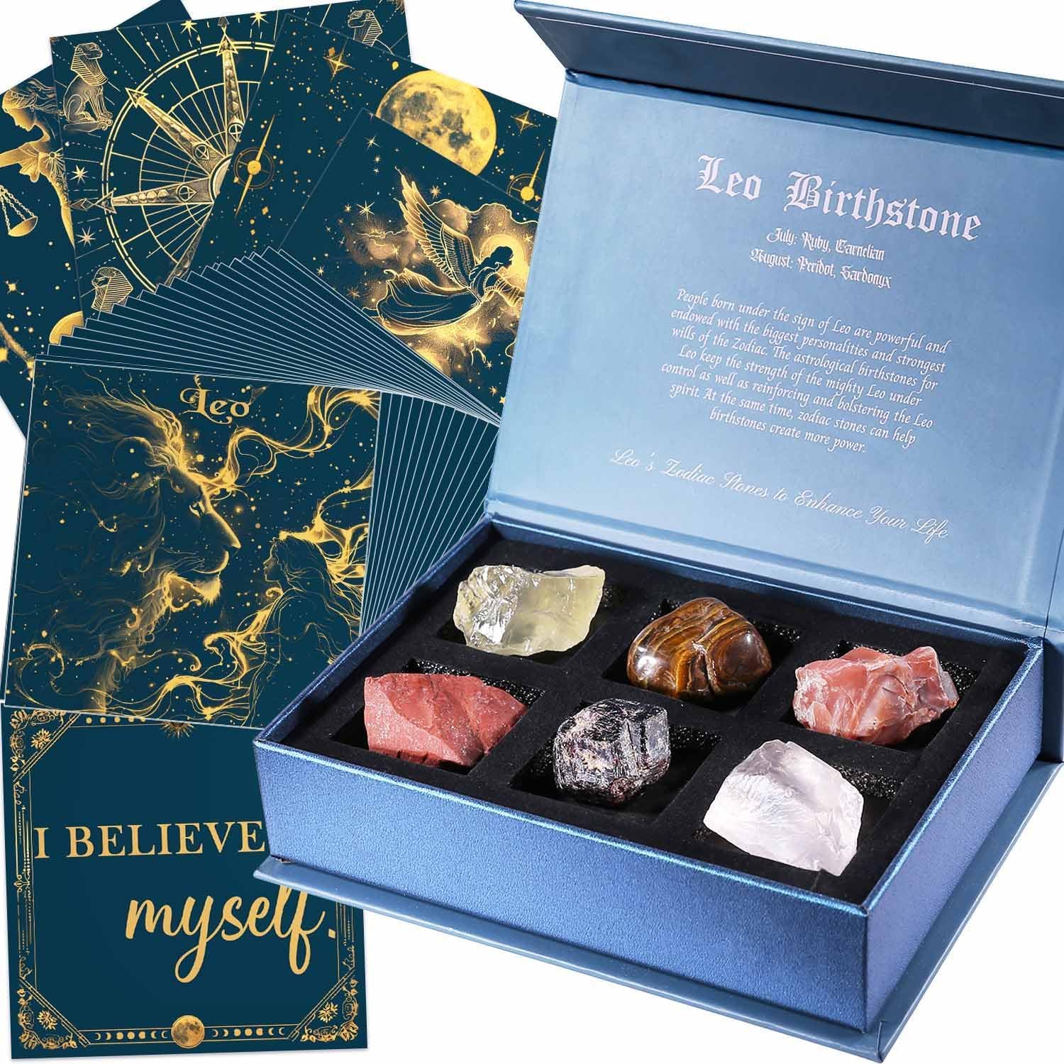 Faivykyd Leo Crystals Gift for Women, 6 Leo Zodiac Healing Stones w/ 50 Miracle Mantras Affirmation Cards, Spiritual Gifts for Positive Energy, Self-Care, Love & Wealth