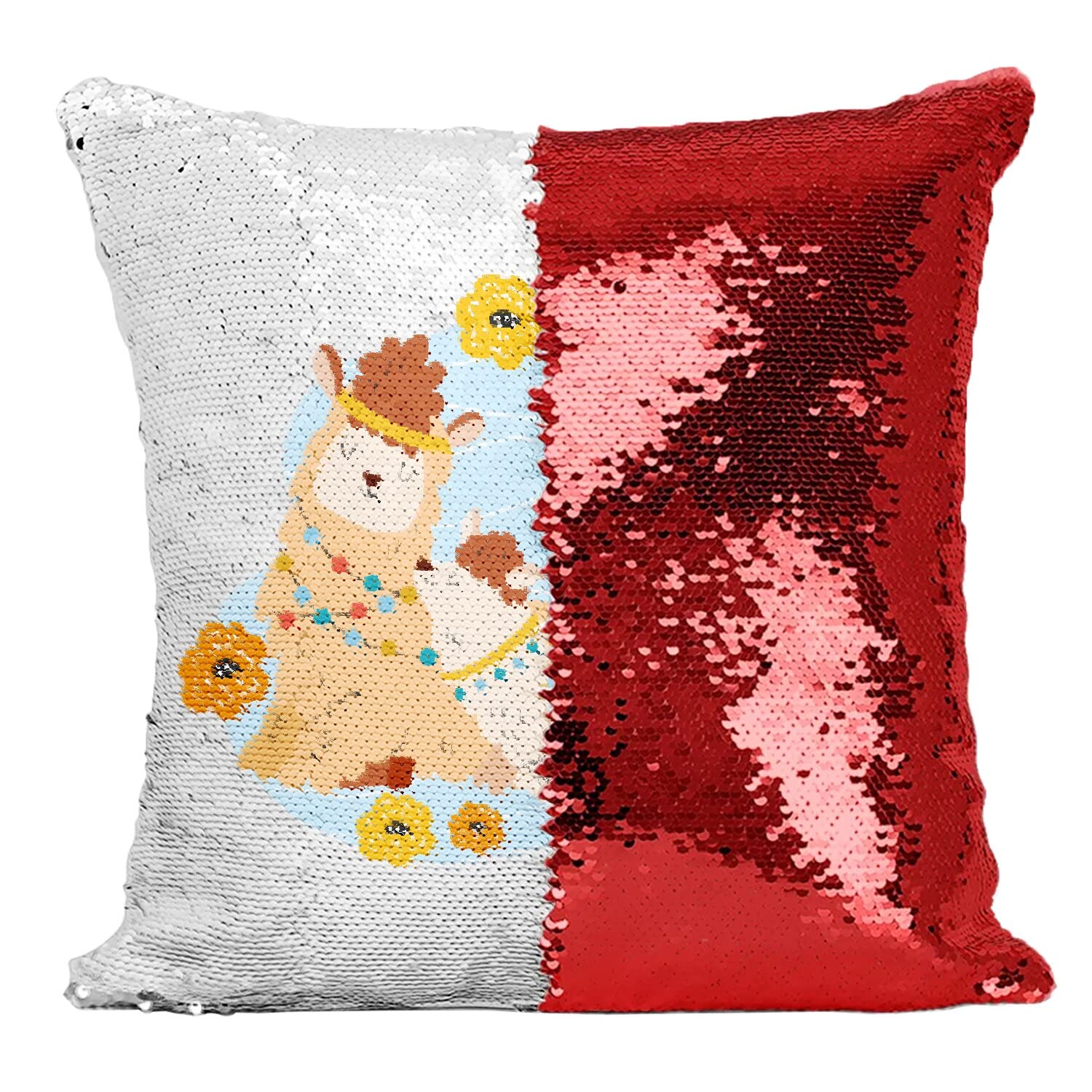 Coussin sequin paillettes rouge alpaga déco chambre enfant et salon