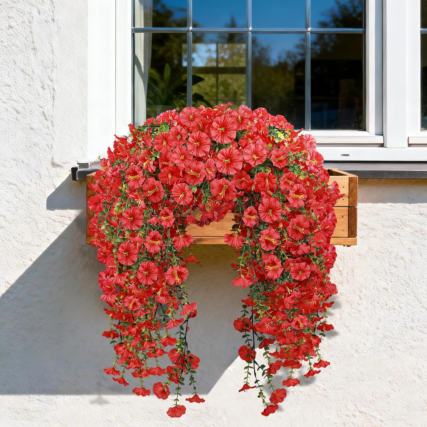 Artificial Hanging Flowers for Outdoors, 4 PCS 600 Blooms UV Resistant Morning Glory Faux Silk Vines, No-Odor Realistic Fake Plants for Garden Planter Porch Patio Decoration, Red