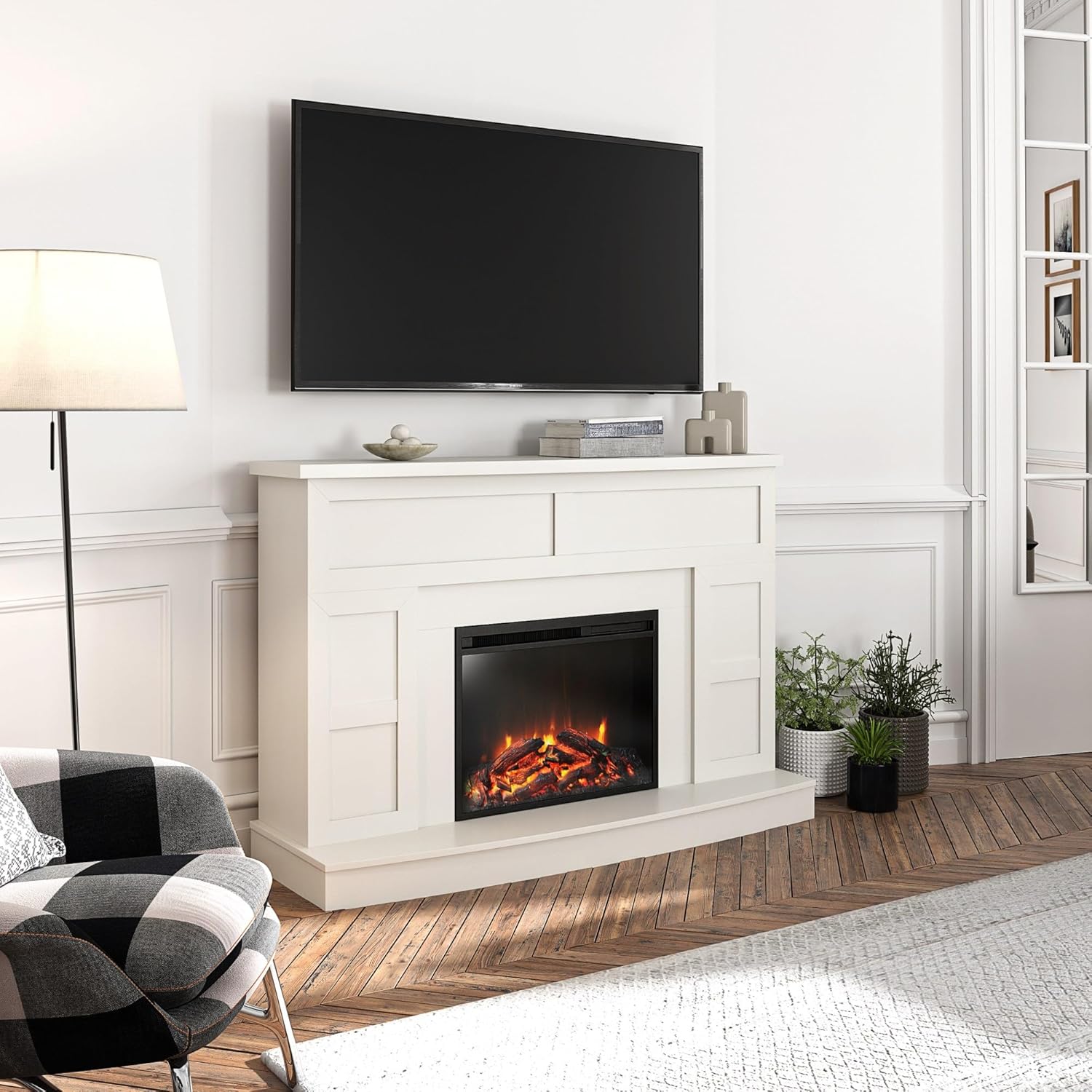 White Laminate Electric Fireplace Mantel TV Stand, 53.5" Wide