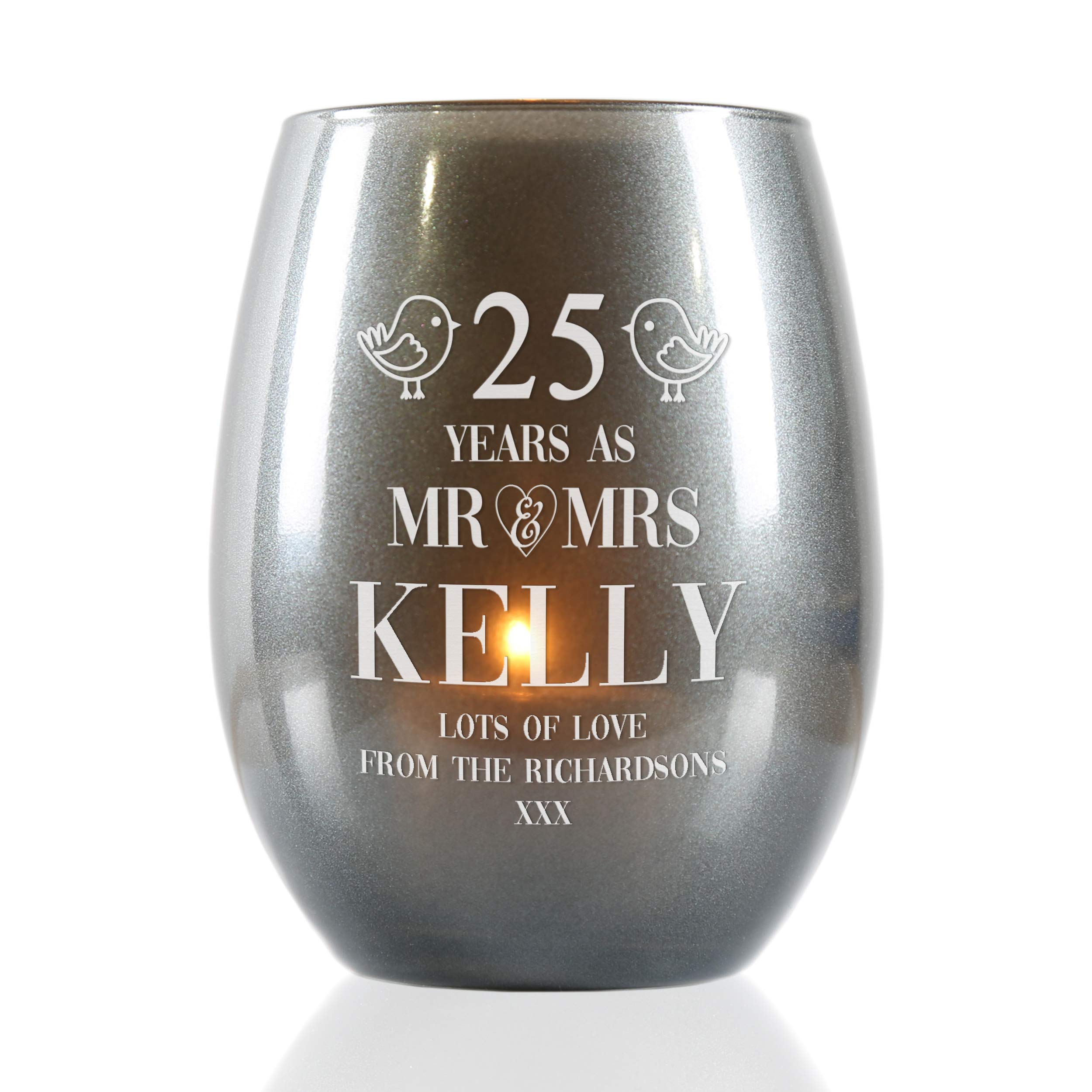 De Walden Silver Engraved 25Th Wedding Anniversary Glass Candle Holder With 8Hr Tea Light