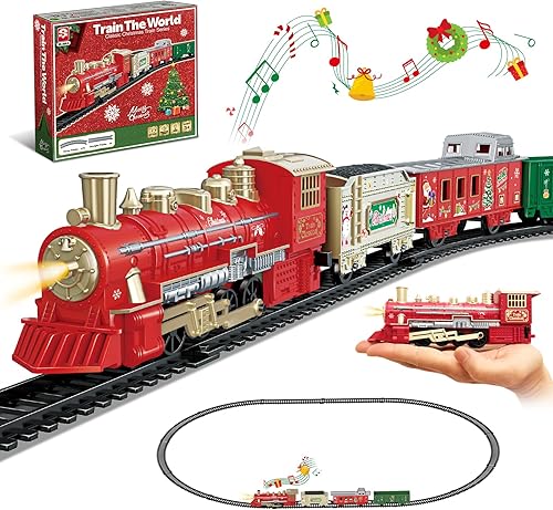 JUQU - Juego de tren eléctrico con locomotora, autos y pistas, mini tren para debajo del árbol de Navidad, modelo de tren para niños con luz y