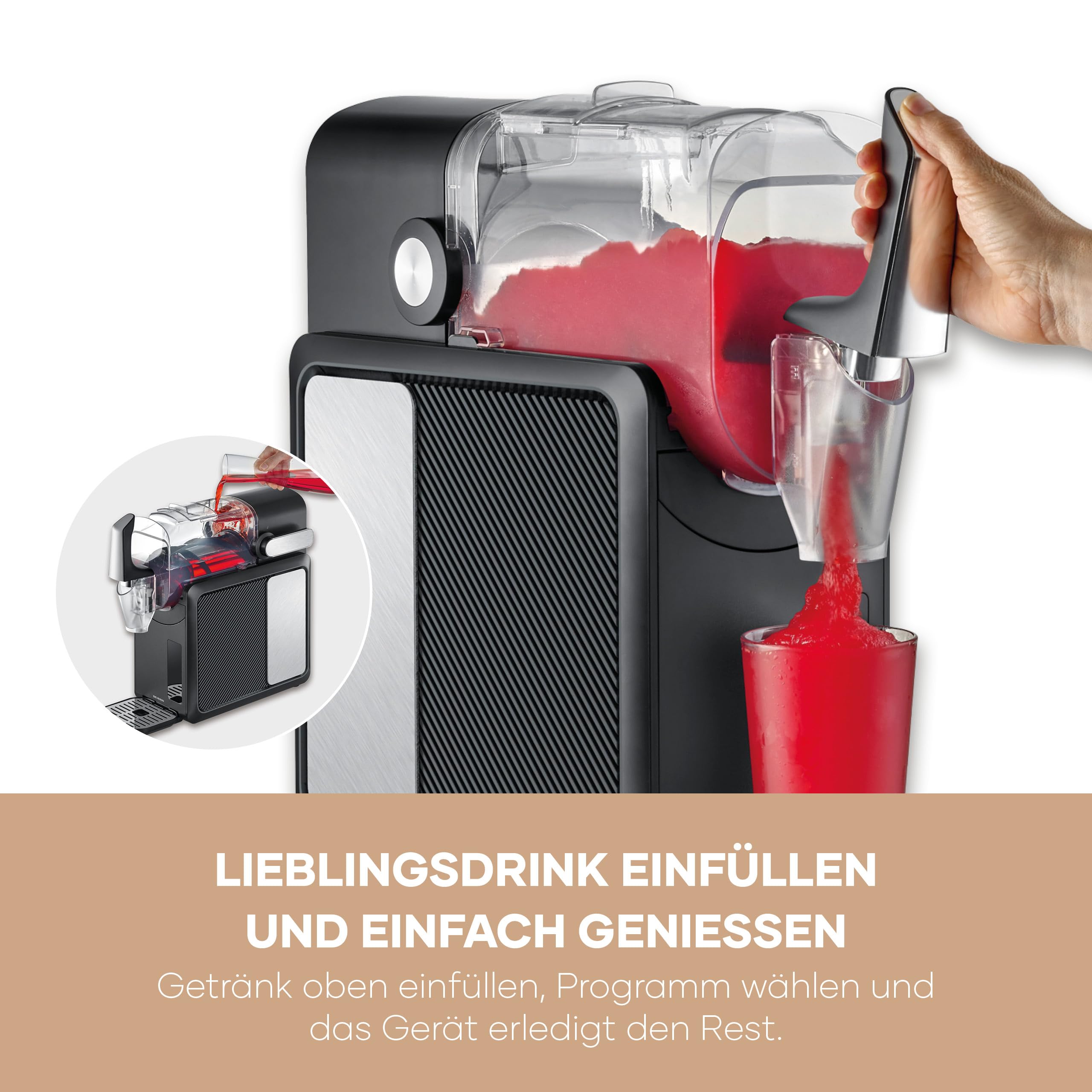 Severin Slush-Eis-Maschine für zu Hause, Eis-Cocktails, Frappé, Milchshakes, 15 min Technologie, Ice-Maker, 5 Programme, ohne Eis, automatische Reinigung, 2L, S-Slush, schwarz, silber, EZ 7410