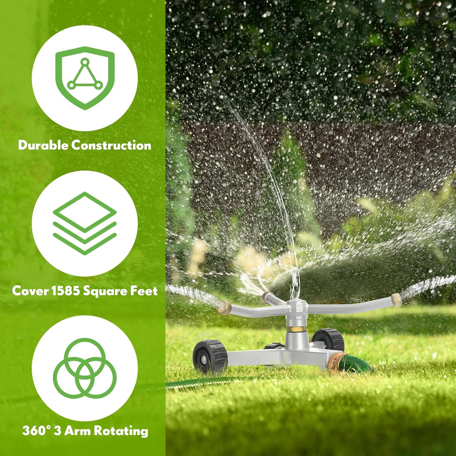 2 Pcs Metal Rotary Lawn Water Sprinkler 3 Arm Heavy Duty Automatic Revolving Whirling with Wheeled Base for Lawn Yard Garden Backyard, Can Be Chained Together