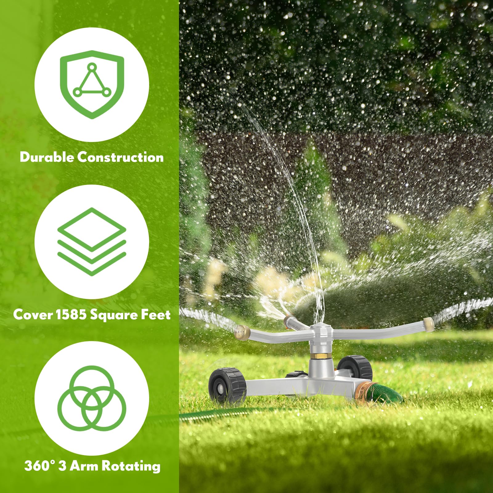 Aspersor giratorio de metal para césped, 3 brazos, resistente, 360 grados, giratorio automático, aspersor de agua con base de ruedas para césped, patio, jardín, patio trasero, cubre hasta 538