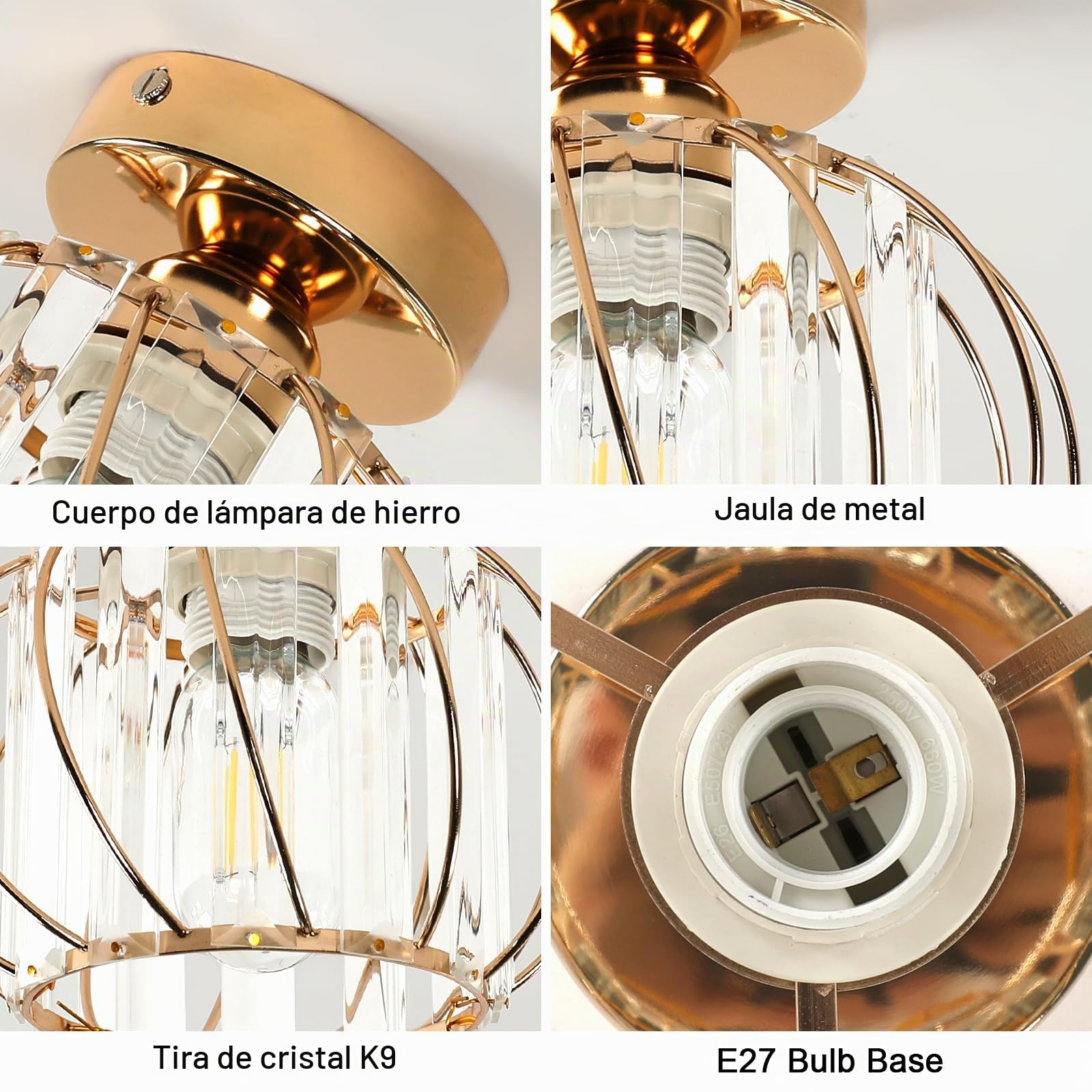 Lámpara de Techo de Cristal Dorado 2 Pack | Plafones Modernos con Enchufe E27, Lámpara de techo Metal para Salón, Dormitorio, Pasillo