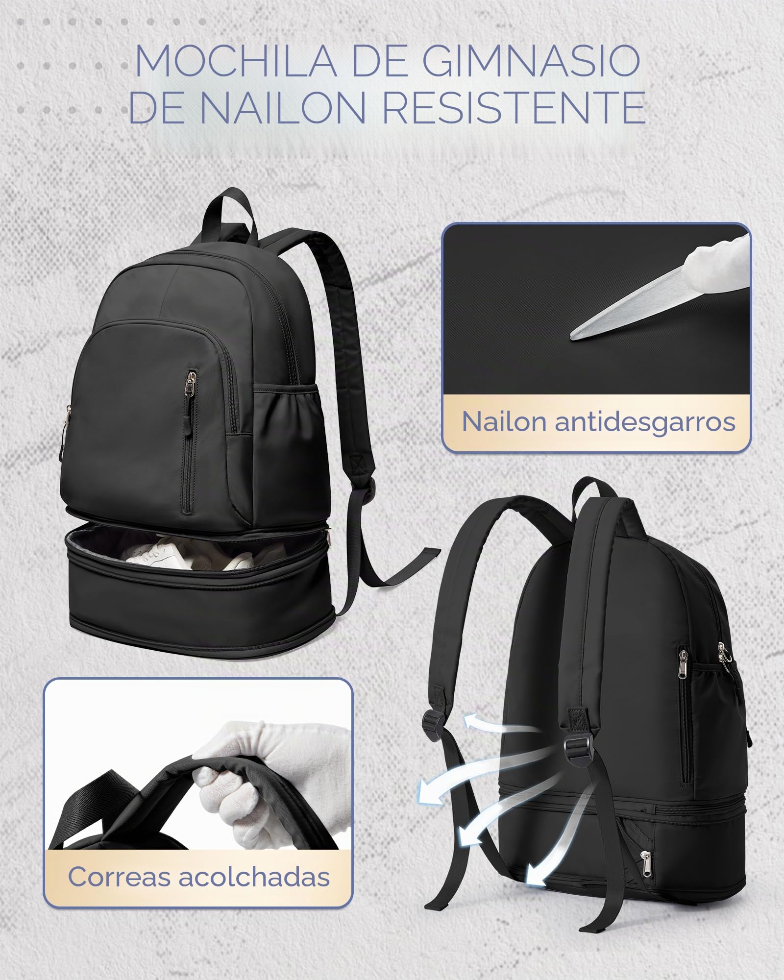 Mochila Deporte con Zapatillero,Mochila Gimnasio Hombre Mujer,Mochilas Natación Yoga Entrenamiento Impermeable Informal Viaje Escolar,Negro