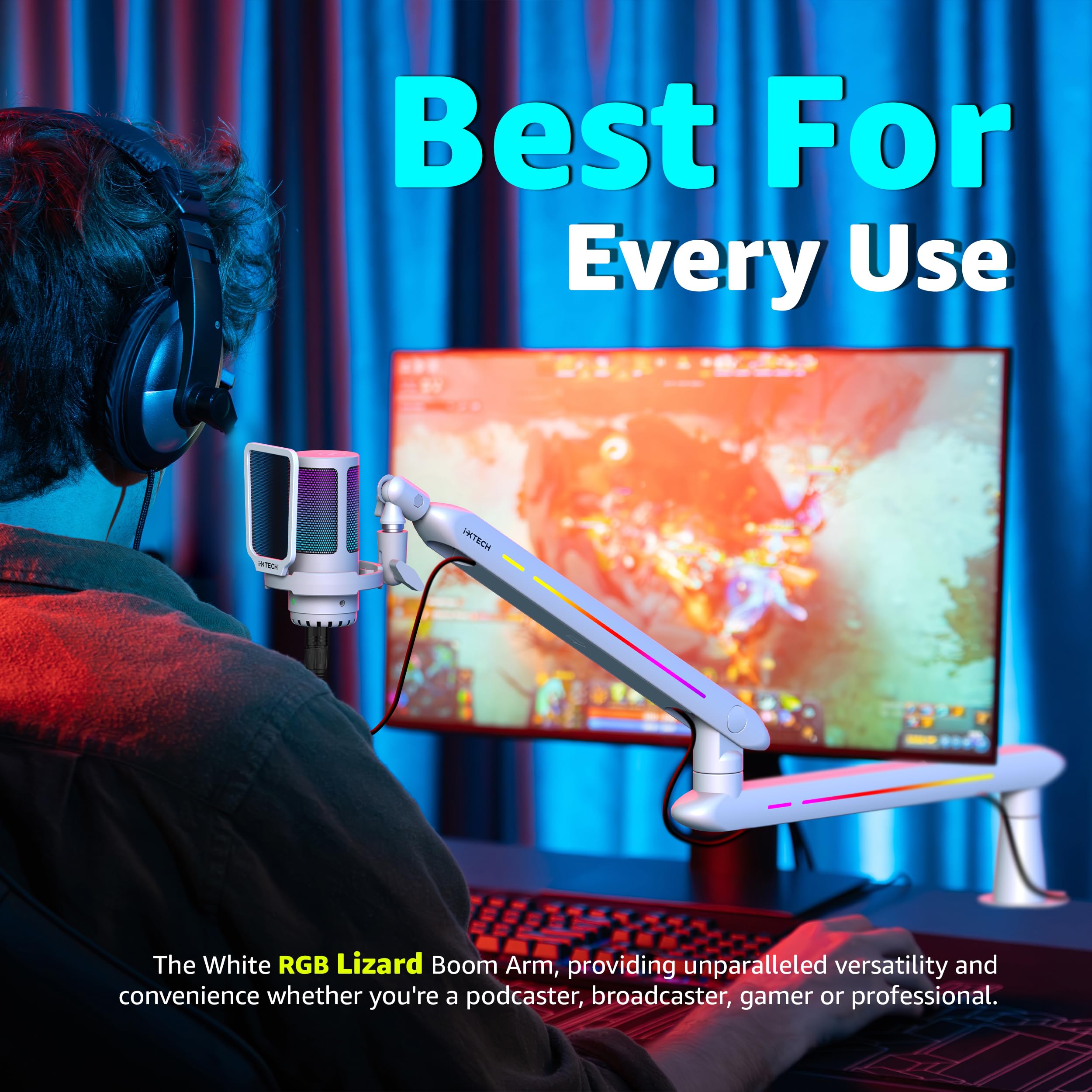 IXTECH RGB Low Profile Boom Arm for Mic, Adjustable Microphone Arm Stand with Desk Mount Clamp, Rotatable Microphone Boom Arm Mic Stand with Cable Management for Podcast Streaming Gaming Studio.: 5 LIZARD RGB