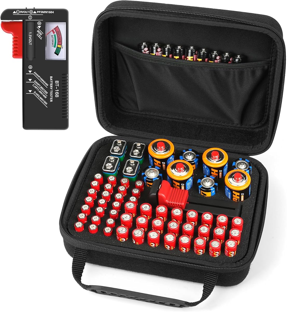 Hard Battery Organizer Storage Box, Battery Organizer Carrying Case Bag Holder Holds 60＋ Batteries AA AAA C D 9V - with Battery Tester BT-168 (Batteries are Not Included)