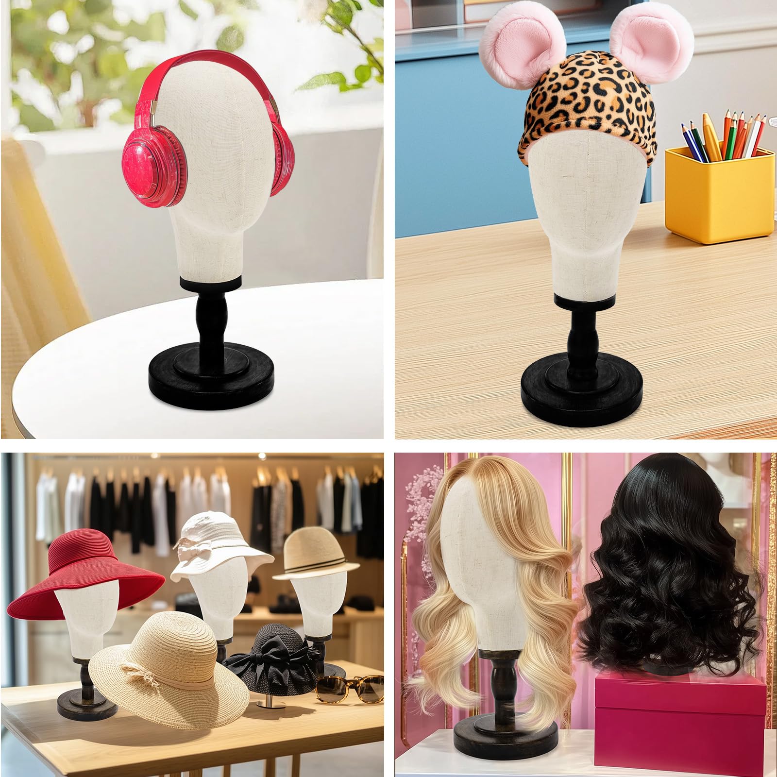 Support pour perruque, tête de mannequin de 55,9 cm avec base en bois amovible, support de tête en toile pour coiffure, bijoux, lunettes, bandeau, support de perruque pour perruques, chapeaux