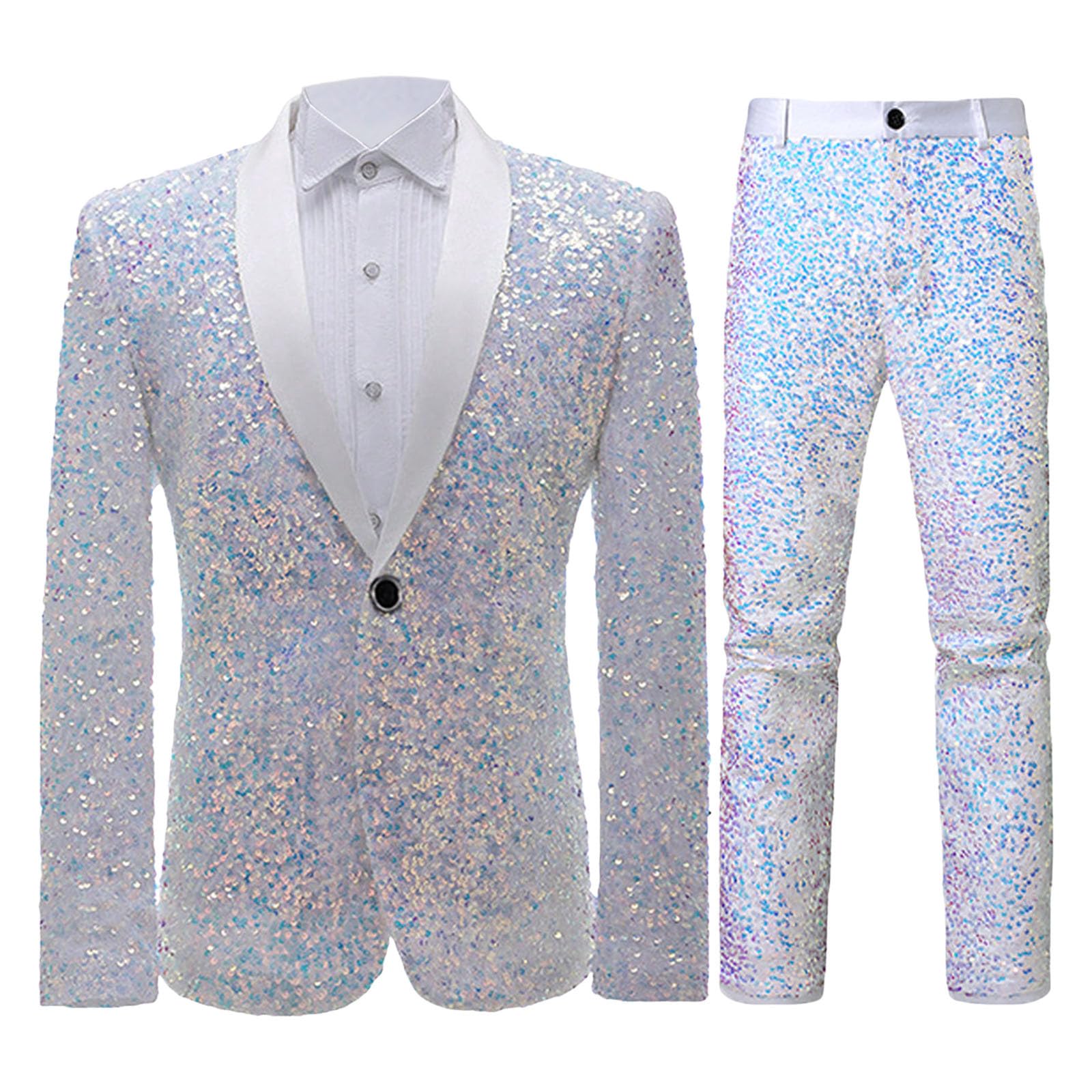 Generisch Tuta da uomo, 2 pezzi, costume da discoteca, carnevale, giacca e pantaloni lucidi, set metallizzati, con brillantini, slim fit, brillante, tuta formale