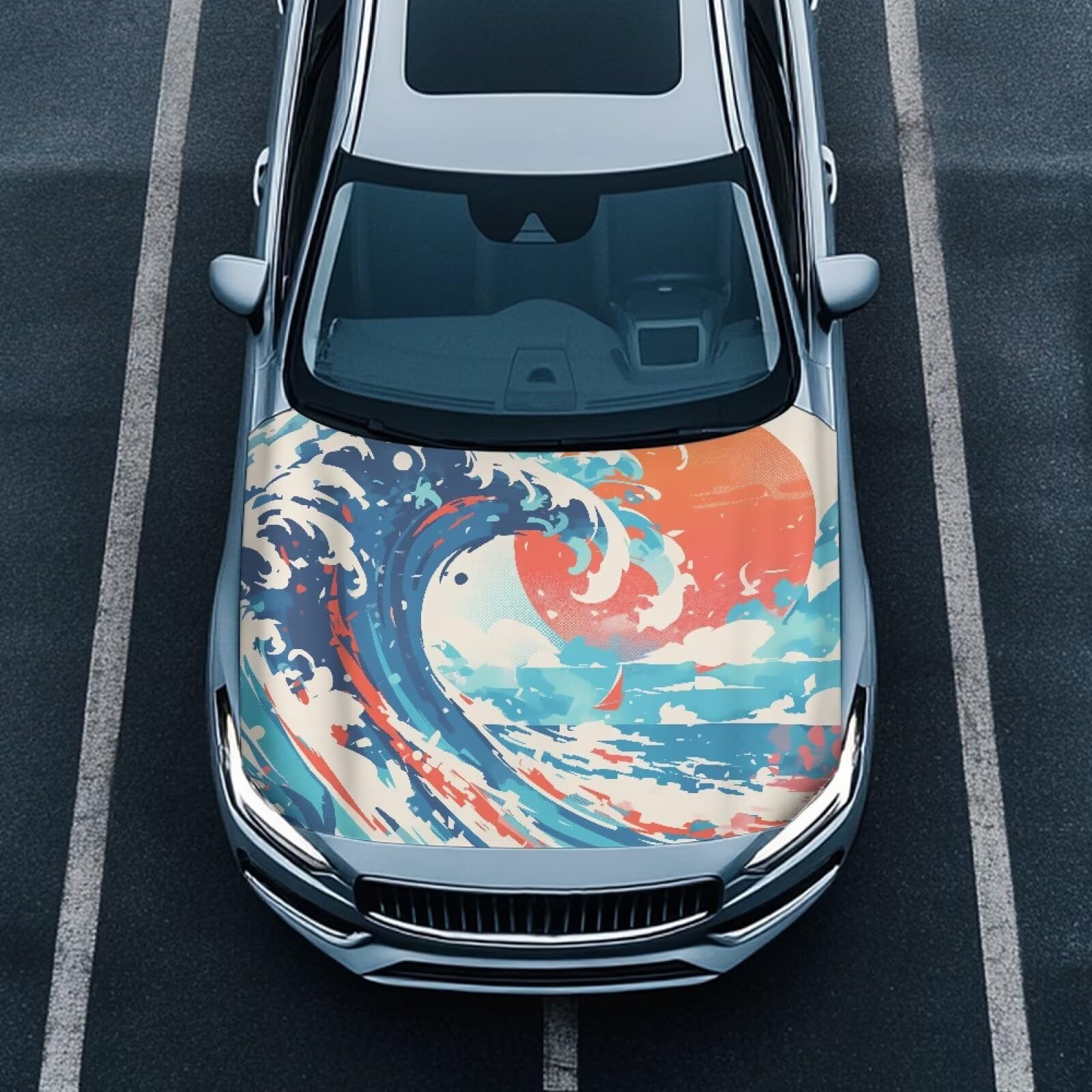 Ukiyo-e Great Wave Car Hood Covers for Automobiles, Retro Aesthetic Art Sea Wave Sunset Elastic Fabric for Car Hood Decoration, Can be Washed Auto Accessories